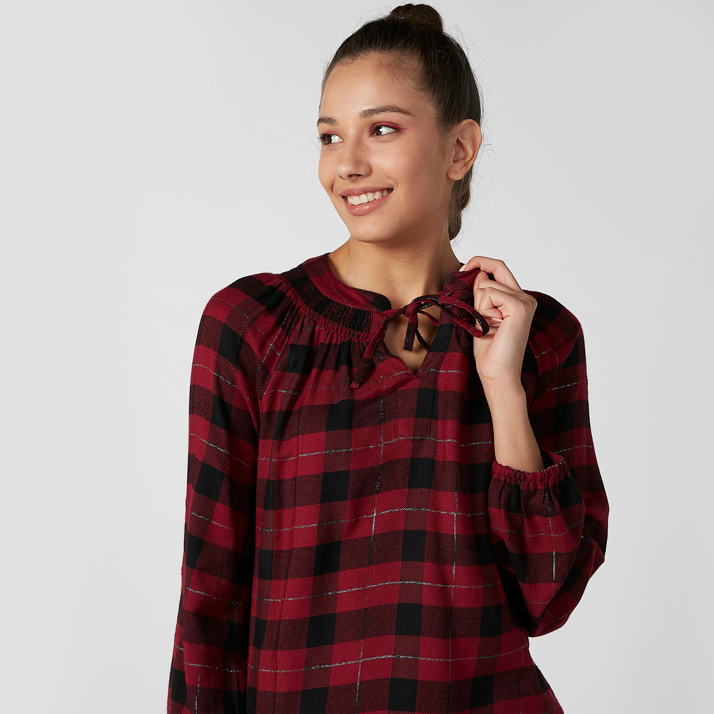 Chequered Shirt with Long Sleeves and Tie Ups-women-clothing-shirtsandblouses-shirts-image-4