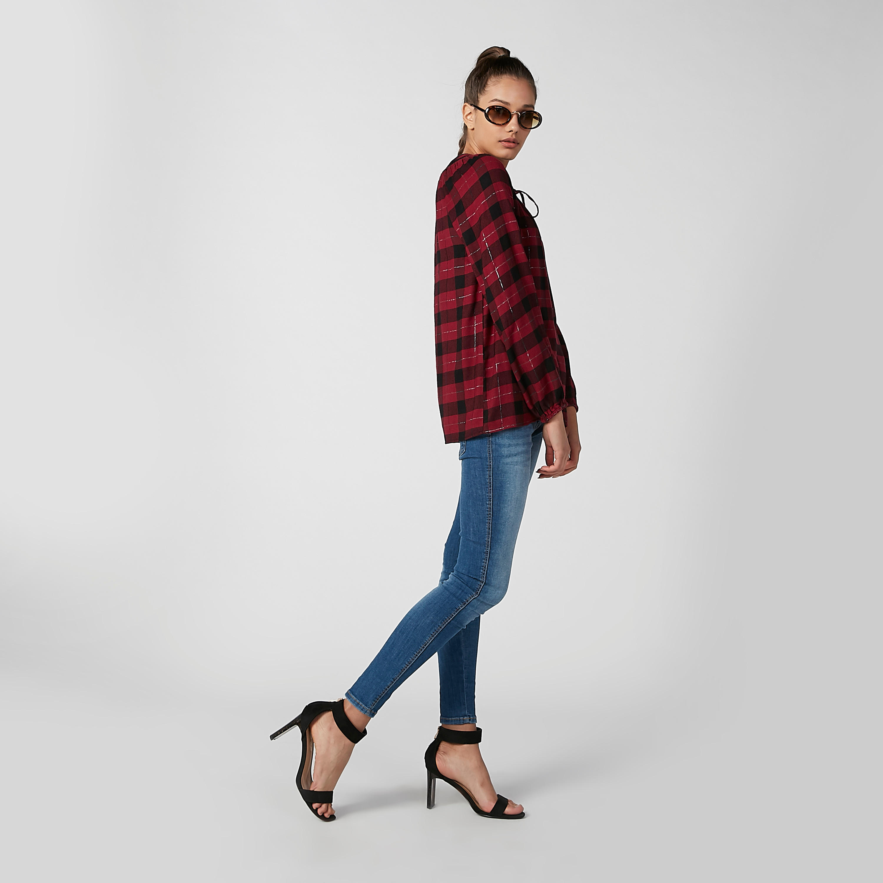 Chequered Shirt with Long Sleeves and Tie Ups-women-clothing-shirtsandblouses-shirts-image-5