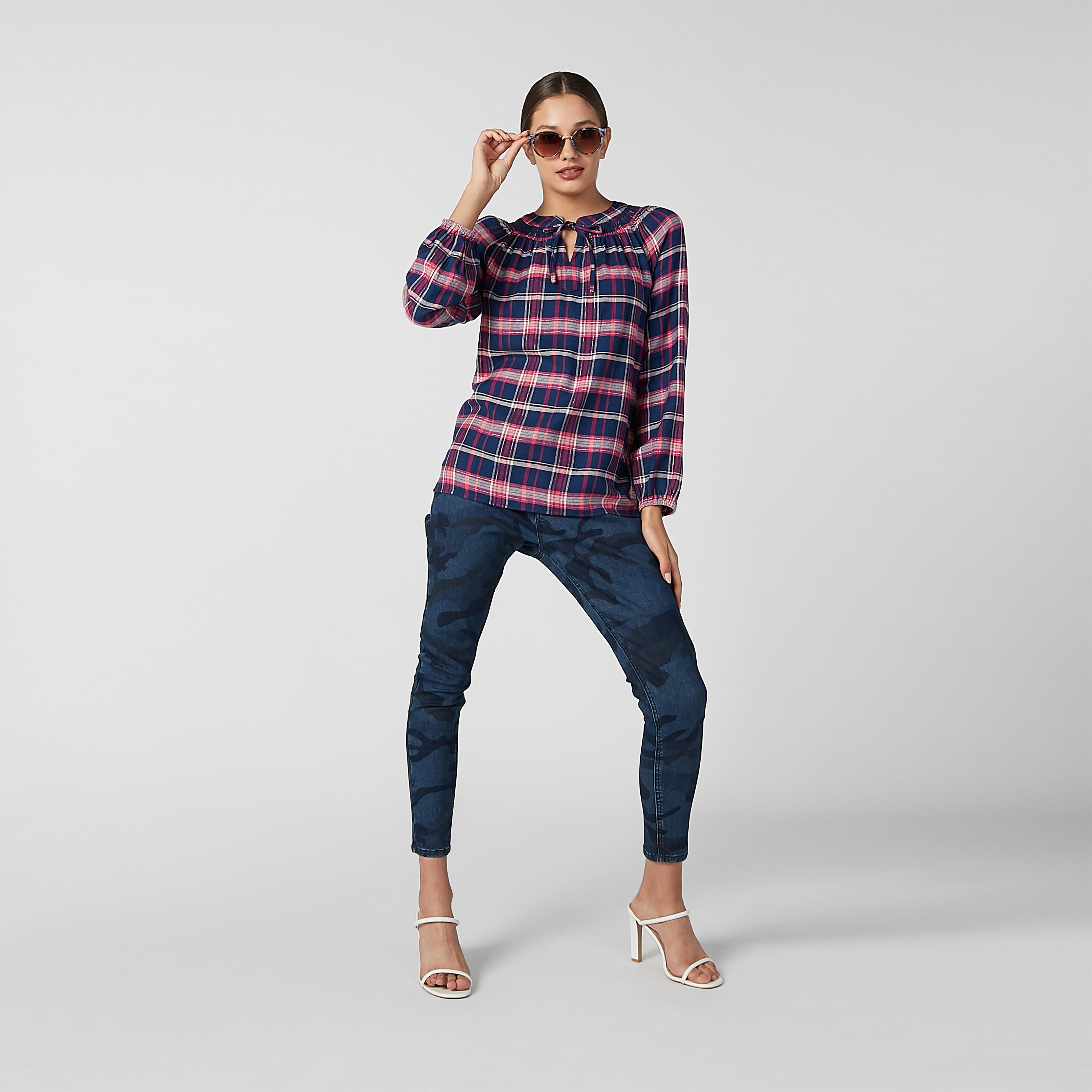 Chequered Top with Mandarin Collar and Tie Ups-women-clothing-shirtsandblouses-blouses-image-1