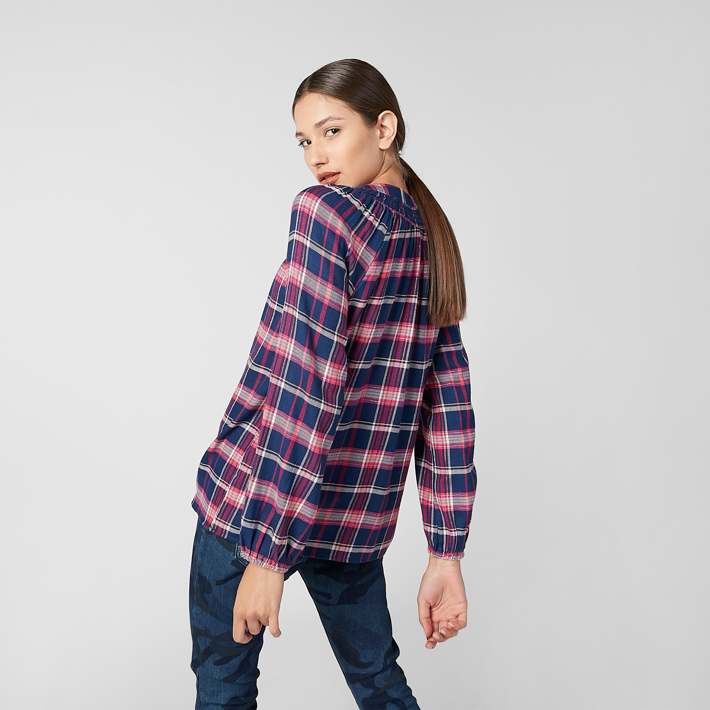 Chequered Top with Mandarin Collar and Tie Ups-women-clothing-shirtsandblouses-blouses-image-2