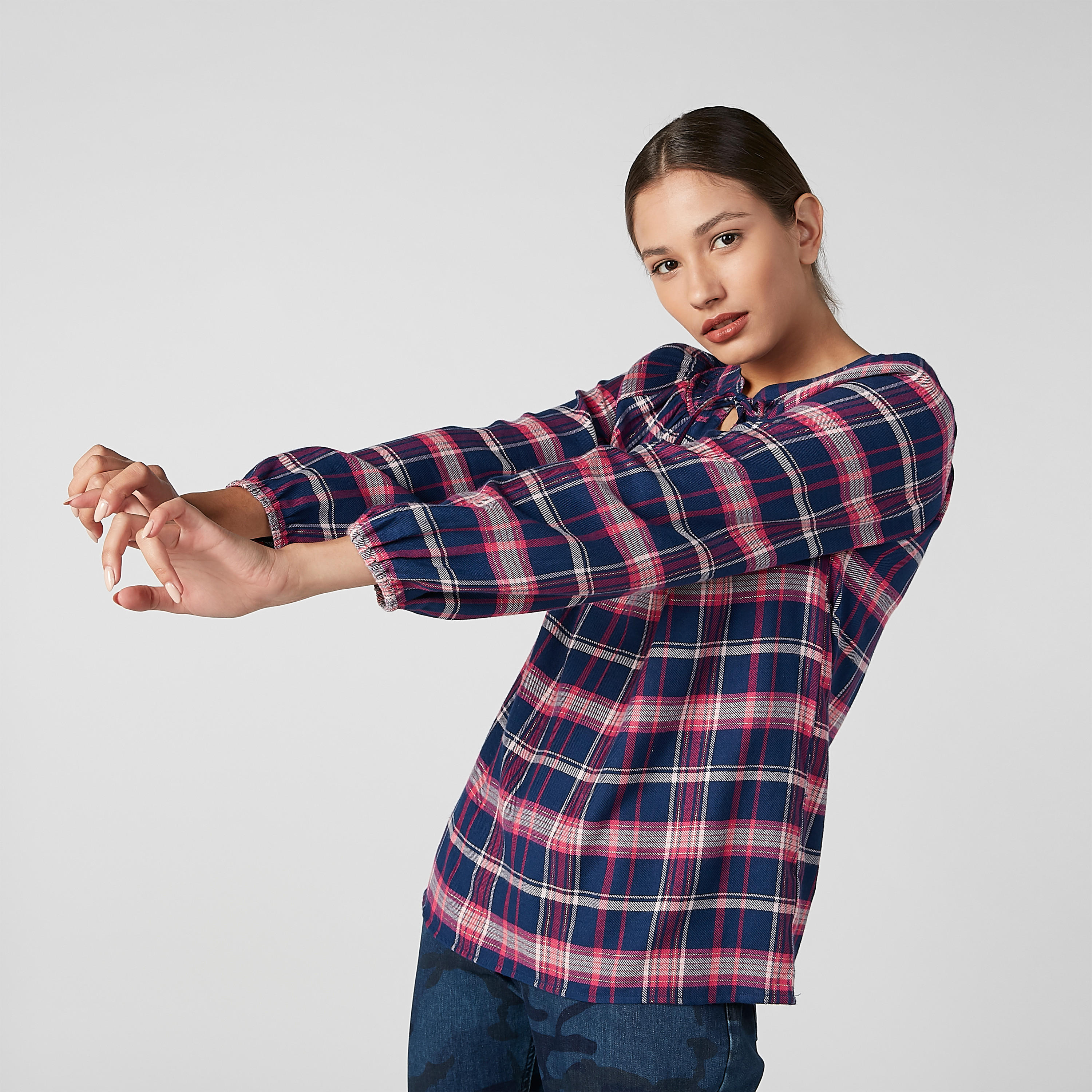 Chequered Top with Mandarin Collar and Tie Ups-women-clothing-shirtsandblouses-blouses-image-3