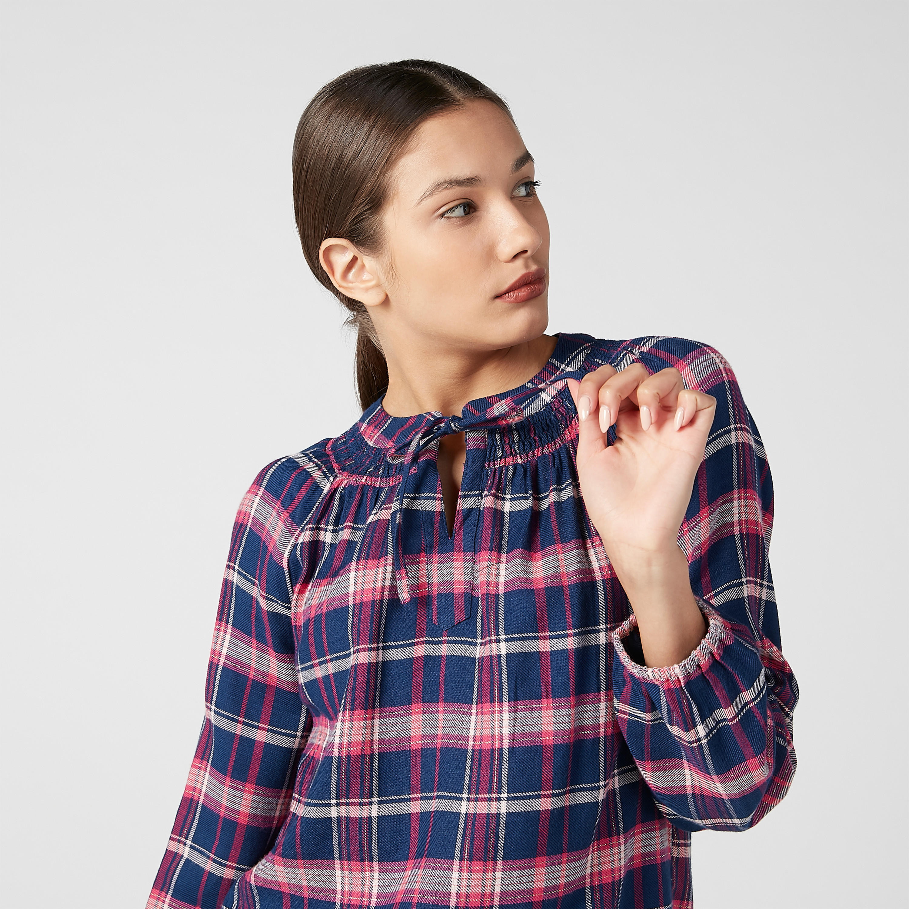 Chequered Top with Mandarin Collar and Tie Ups-women-clothing-shirtsandblouses-blouses-image-4