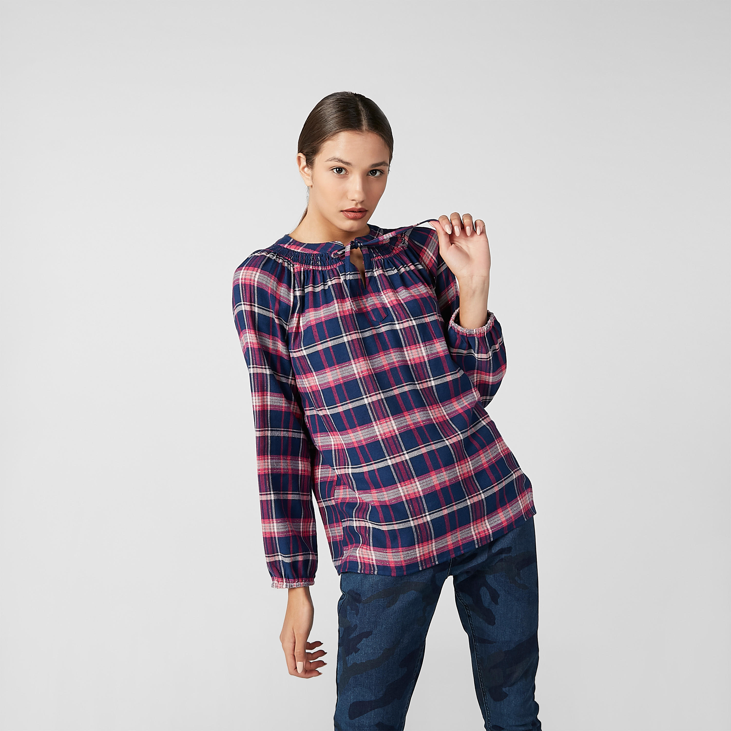 Chequered Top with Mandarin Collar and Tie Ups-women-clothing-shirtsandblouses-blouses-image-5