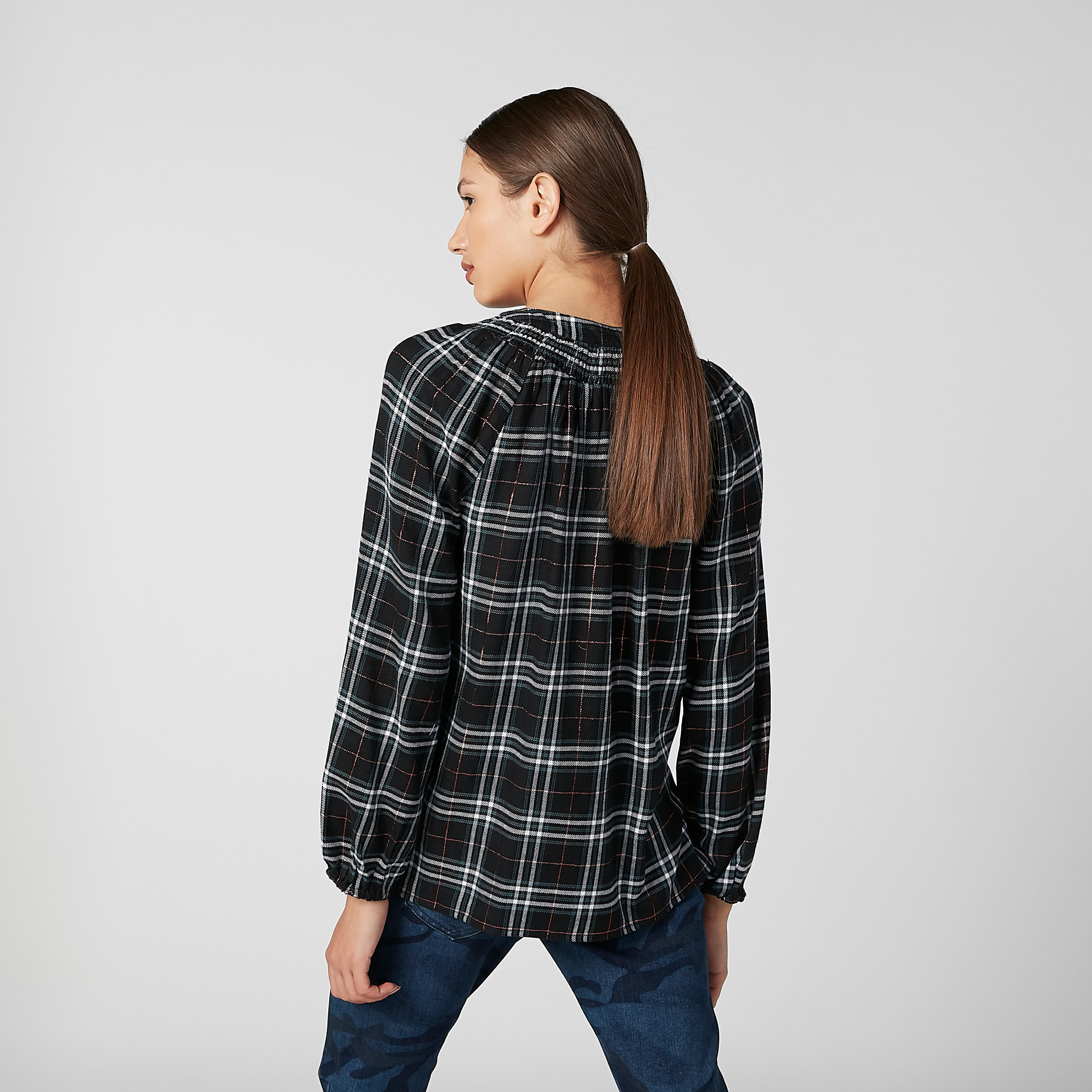 بلوزة كاروهات بياقة ماندارين وأربطة-women-clothing-shirtsandblouses-blouses-image-3