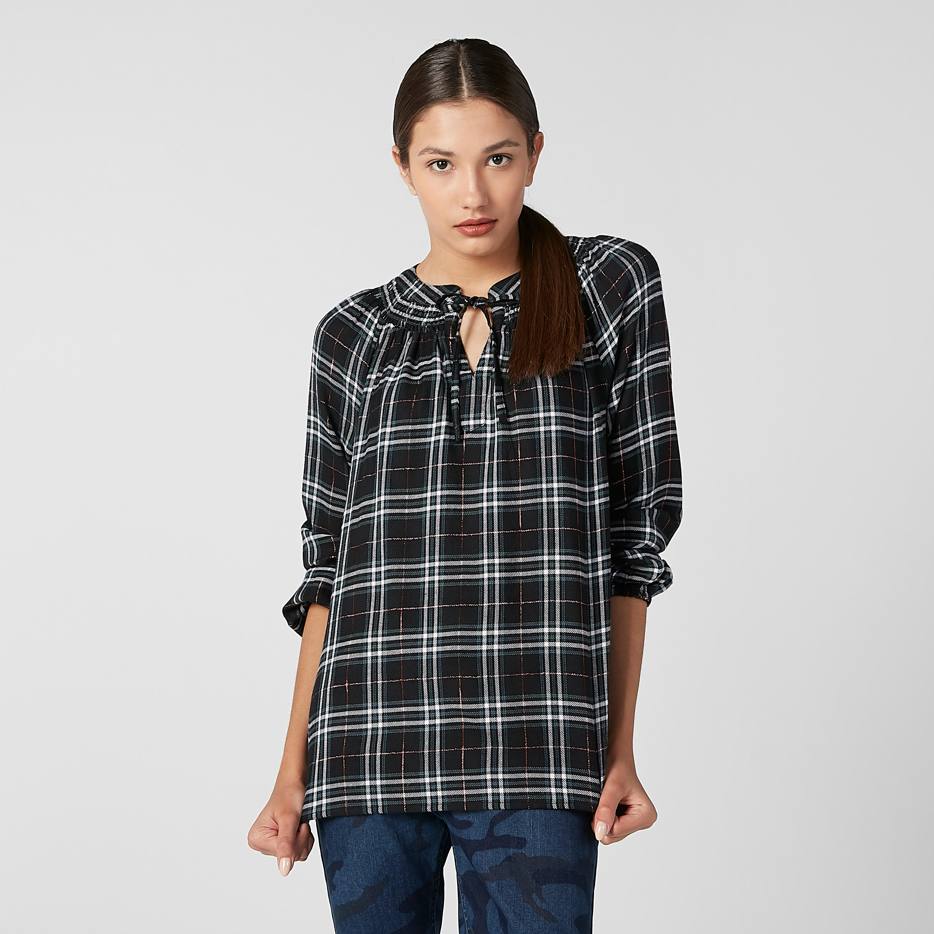بلوزة كاروهات بياقة ماندارين وأربطة-women-clothing-shirtsandblouses-blouses-image-4