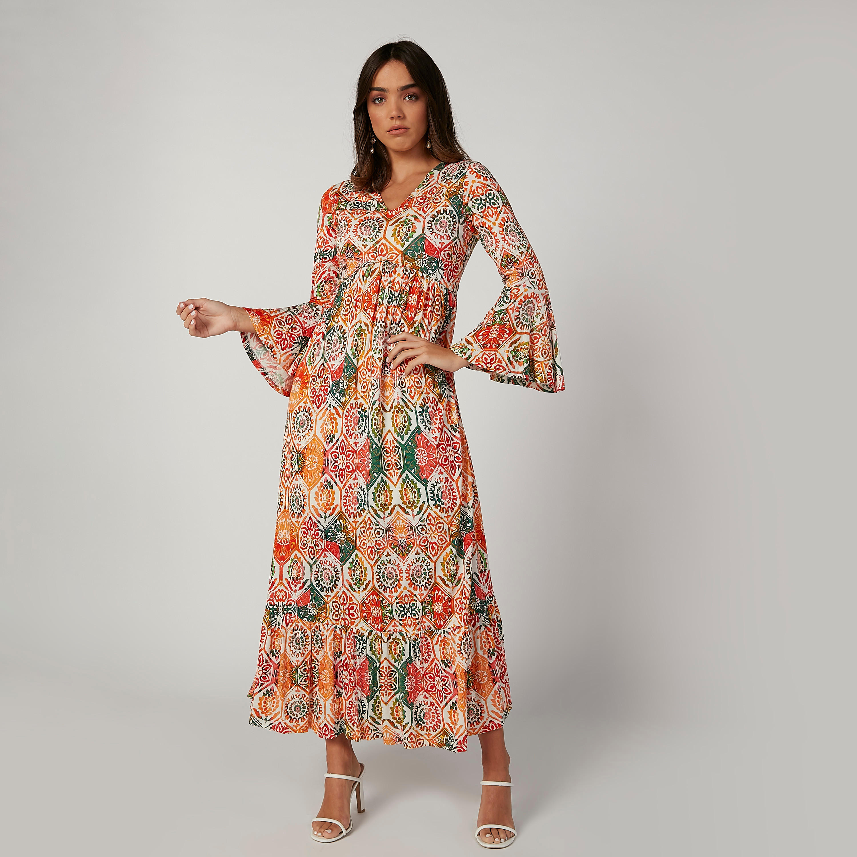 فستان إيه لاين طويل بياقة V وأكمام عريضة وطبعات زهرية-women-clothing-dresses-image-1