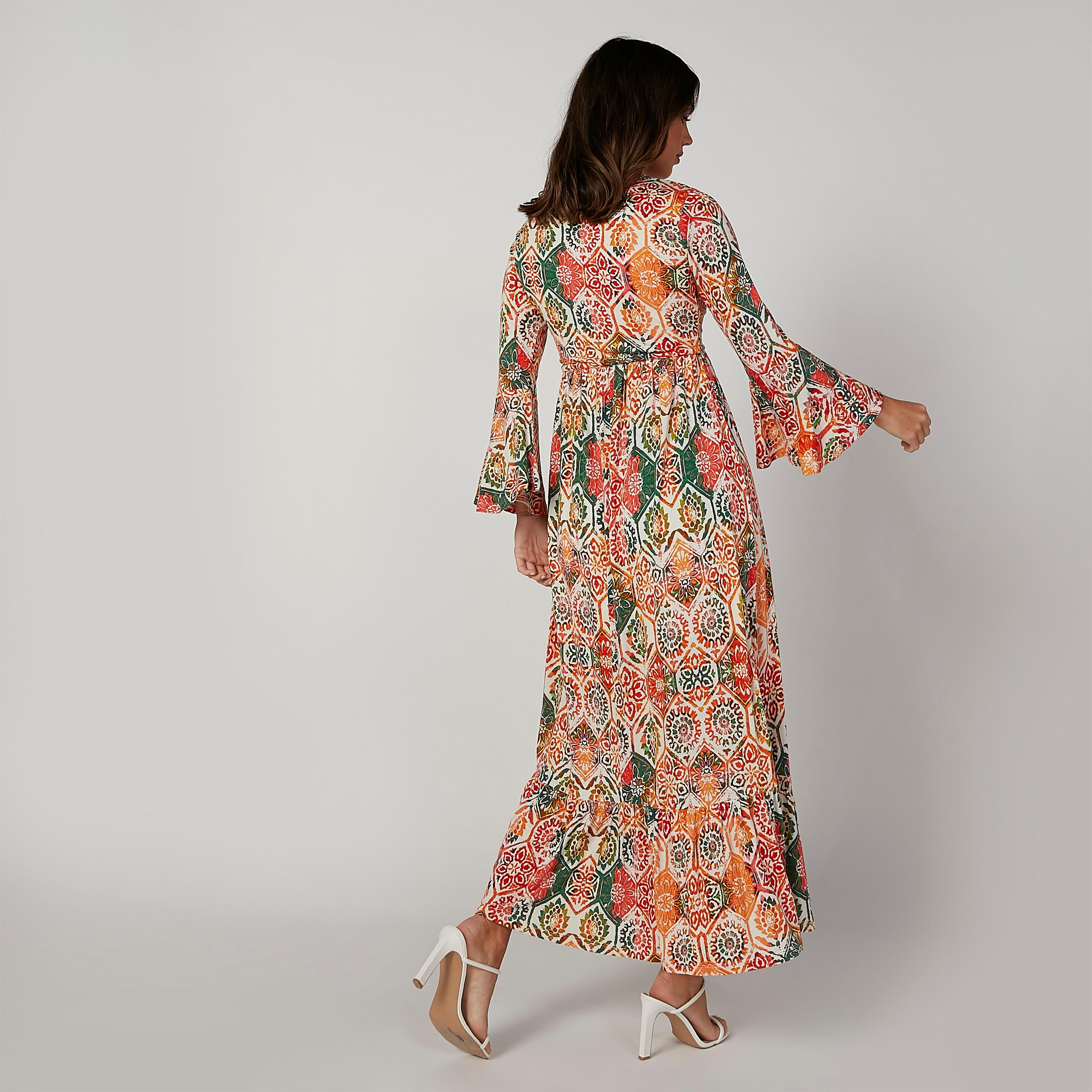 فستان إيه لاين طويل بياقة V وأكمام عريضة وطبعات زهرية-women-clothing-dresses-image-2