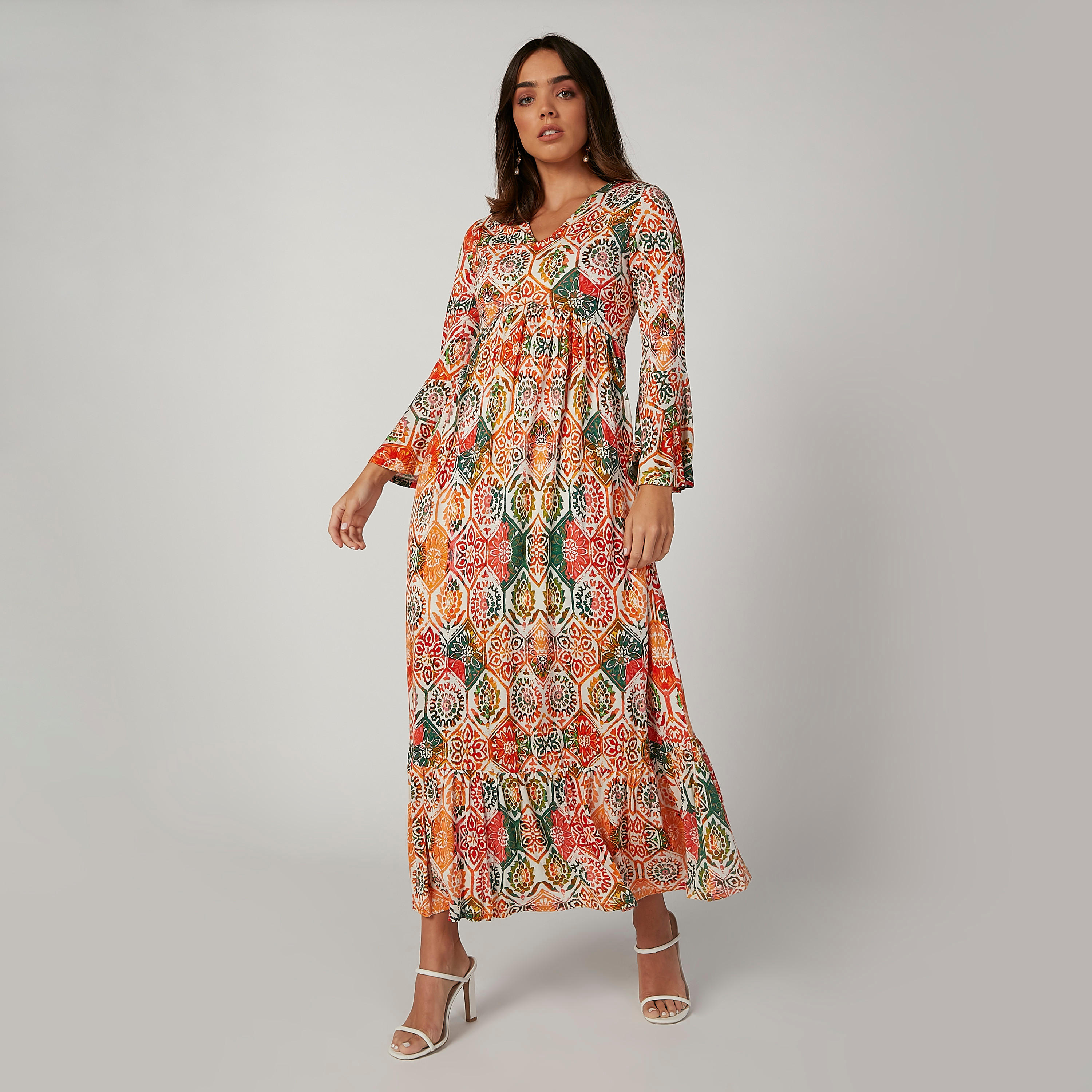 فستان إيه لاين طويل بياقة V وأكمام عريضة وطبعات زهرية-women-clothing-dresses-image-3