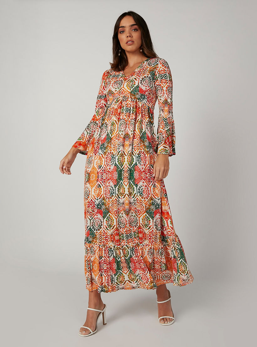 فستان إيه لاين طويل بياقة V وأكمام عريضة وطبعات زهرية-women-clothing-dresses-image-3
