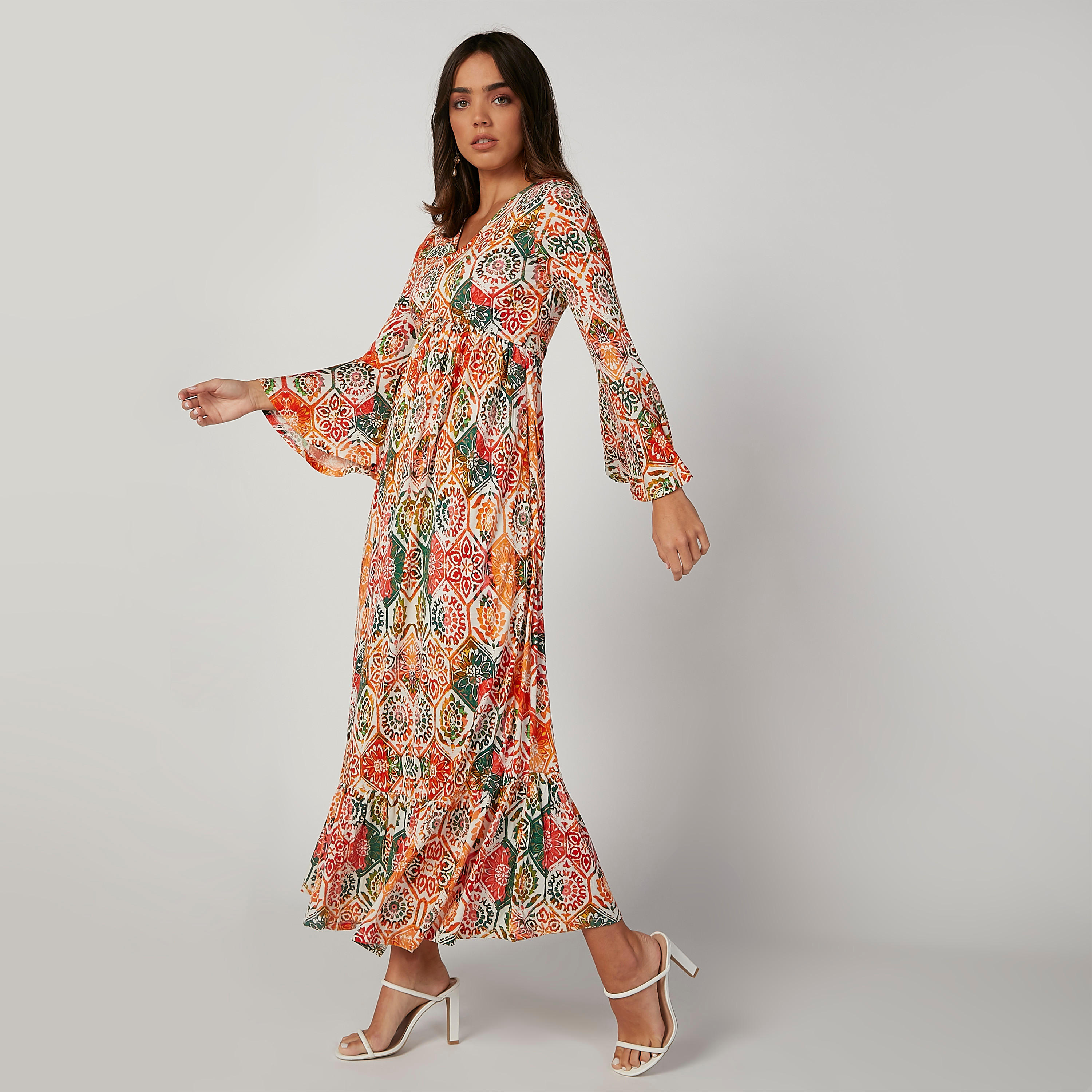 فستان إيه لاين طويل بياقة V وأكمام عريضة وطبعات زهرية-women-clothing-dresses-image-4