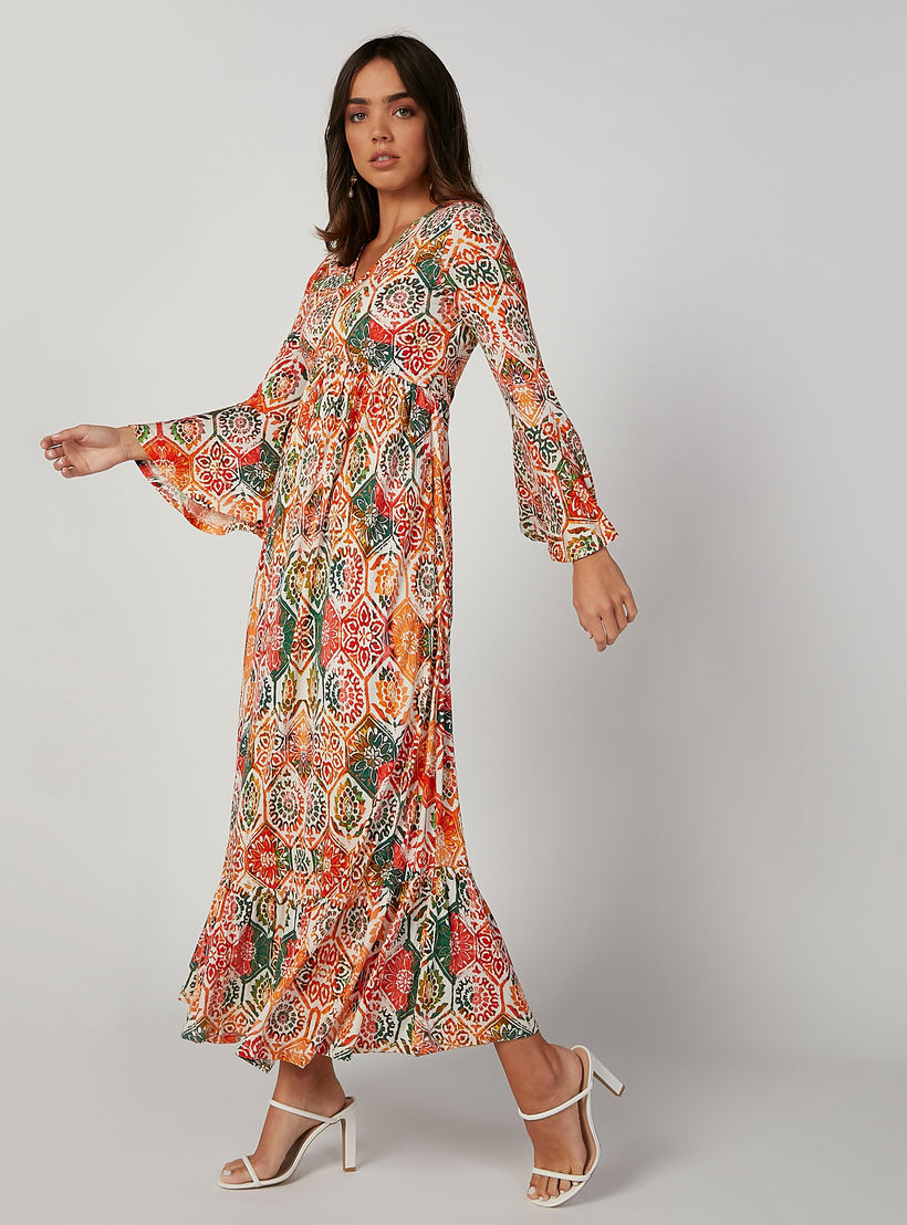 فستان إيه لاين طويل بياقة V وأكمام عريضة وطبعات زهرية-women-clothing-dresses-image-4
