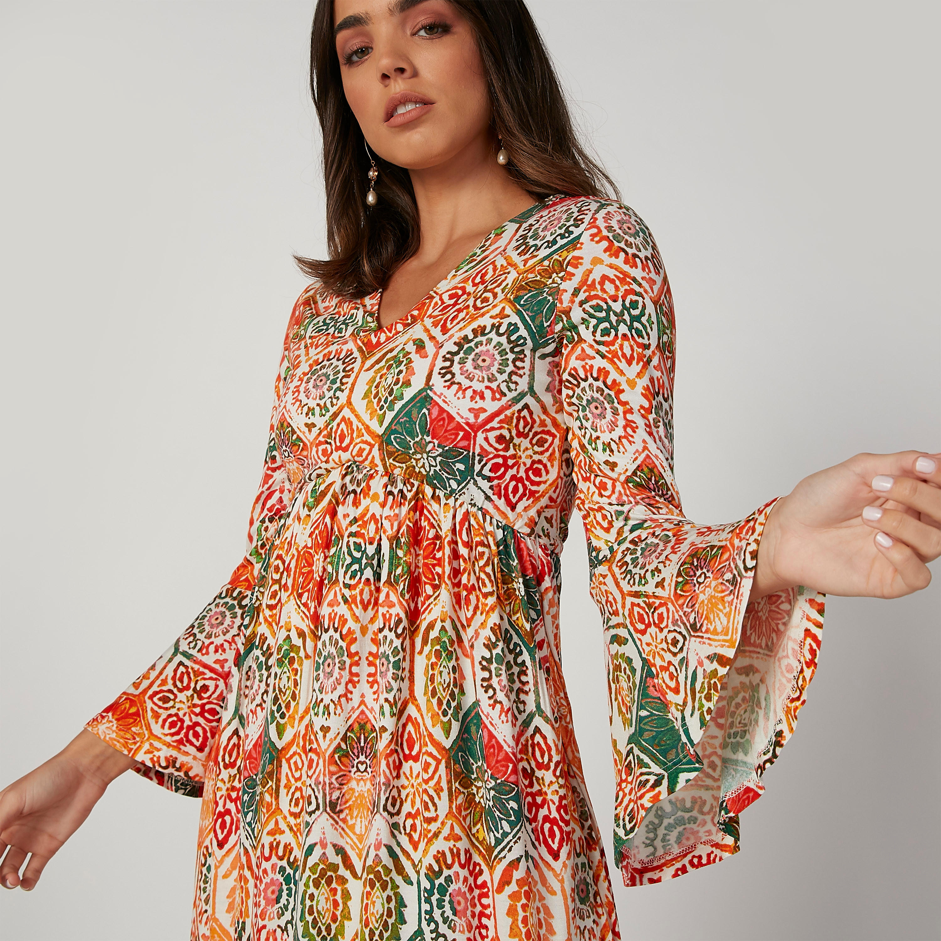 فستان إيه لاين طويل بياقة V وأكمام عريضة وطبعات زهرية-women-clothing-dresses-image-5