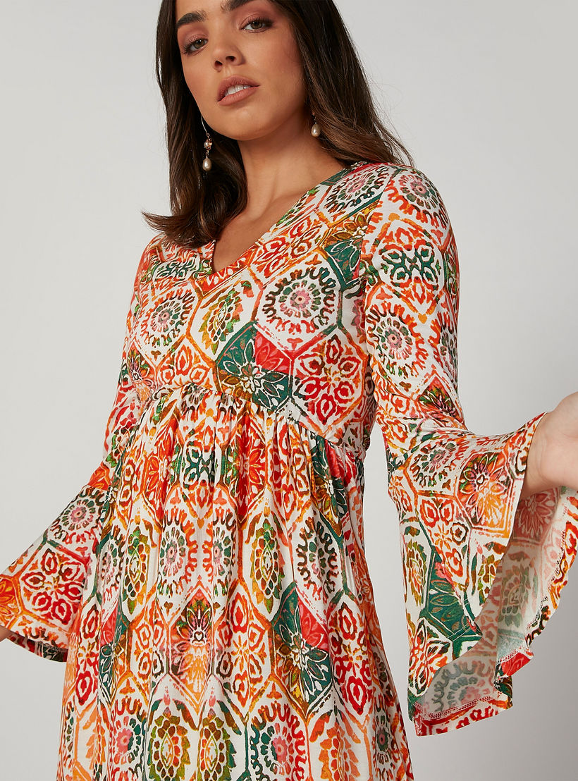فستان إيه لاين طويل بياقة V وأكمام عريضة وطبعات زهرية-women-clothing-dresses-image-5