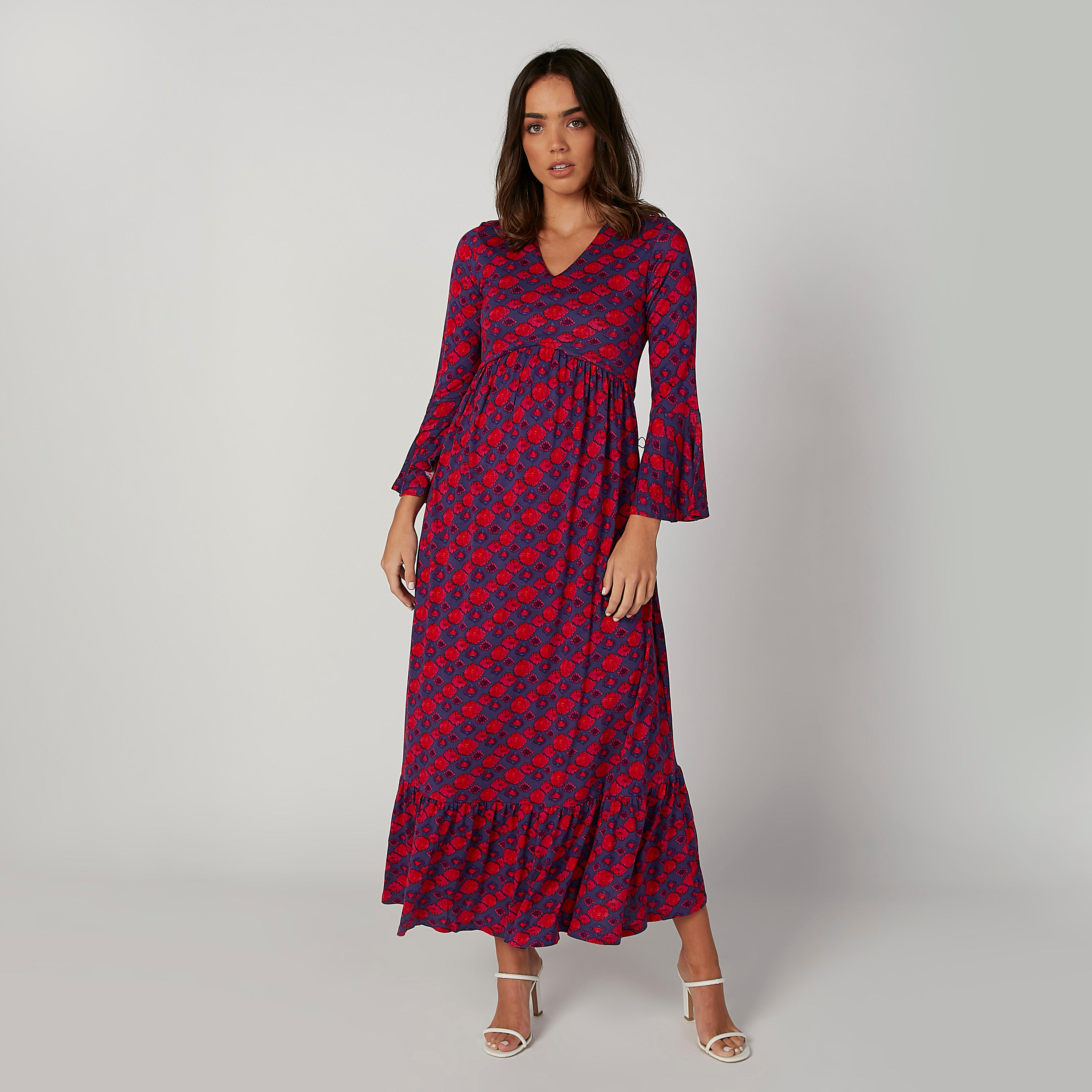 فستان طويل إيه لاين بياقة V وأكمام لامعة وطبعات-women-clothing-dresses-image-3