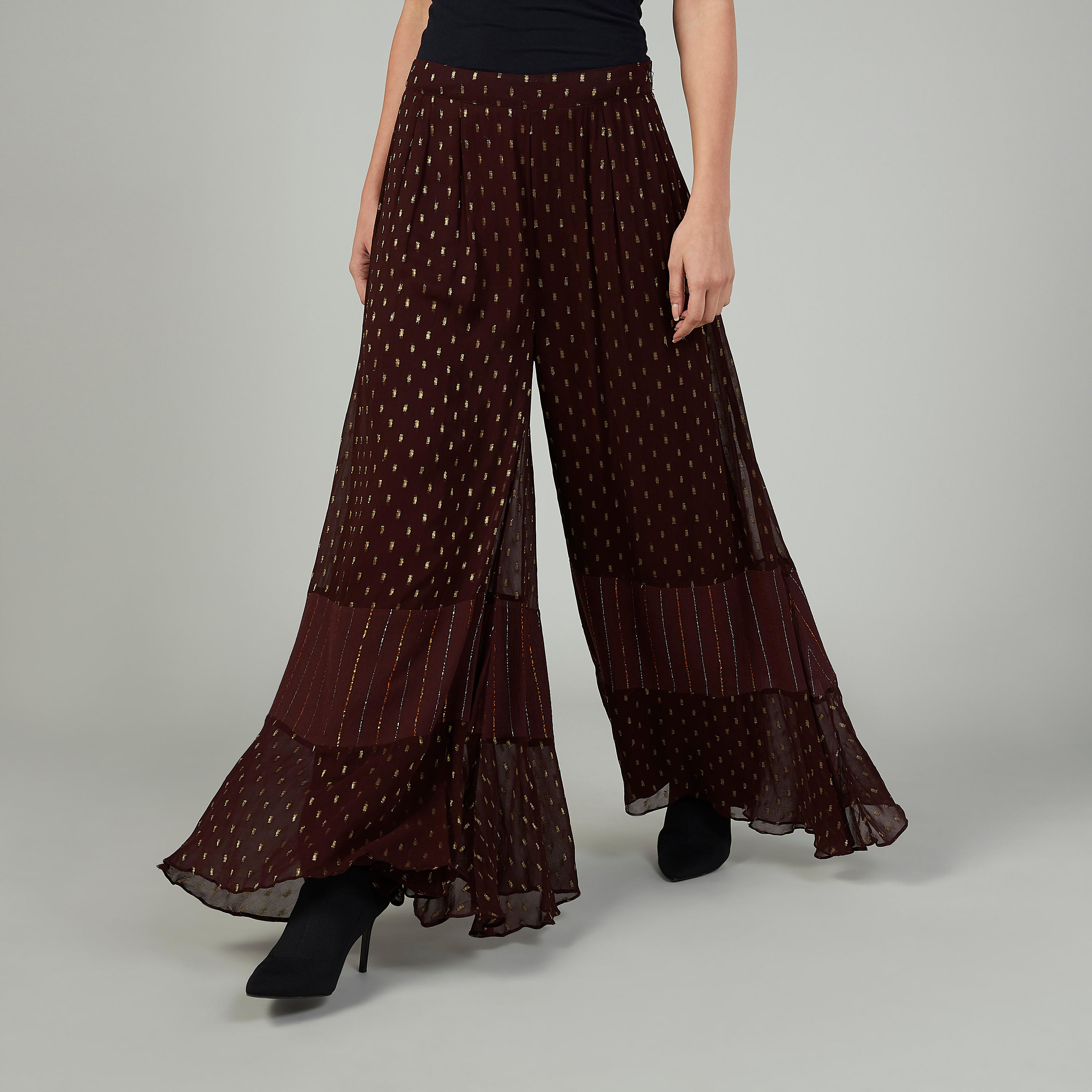 بنطال بالازو بارز الملمس بخصر مطّاطي متوسط الارتفاع-women-clothing-bottoms-trousers-image-1
