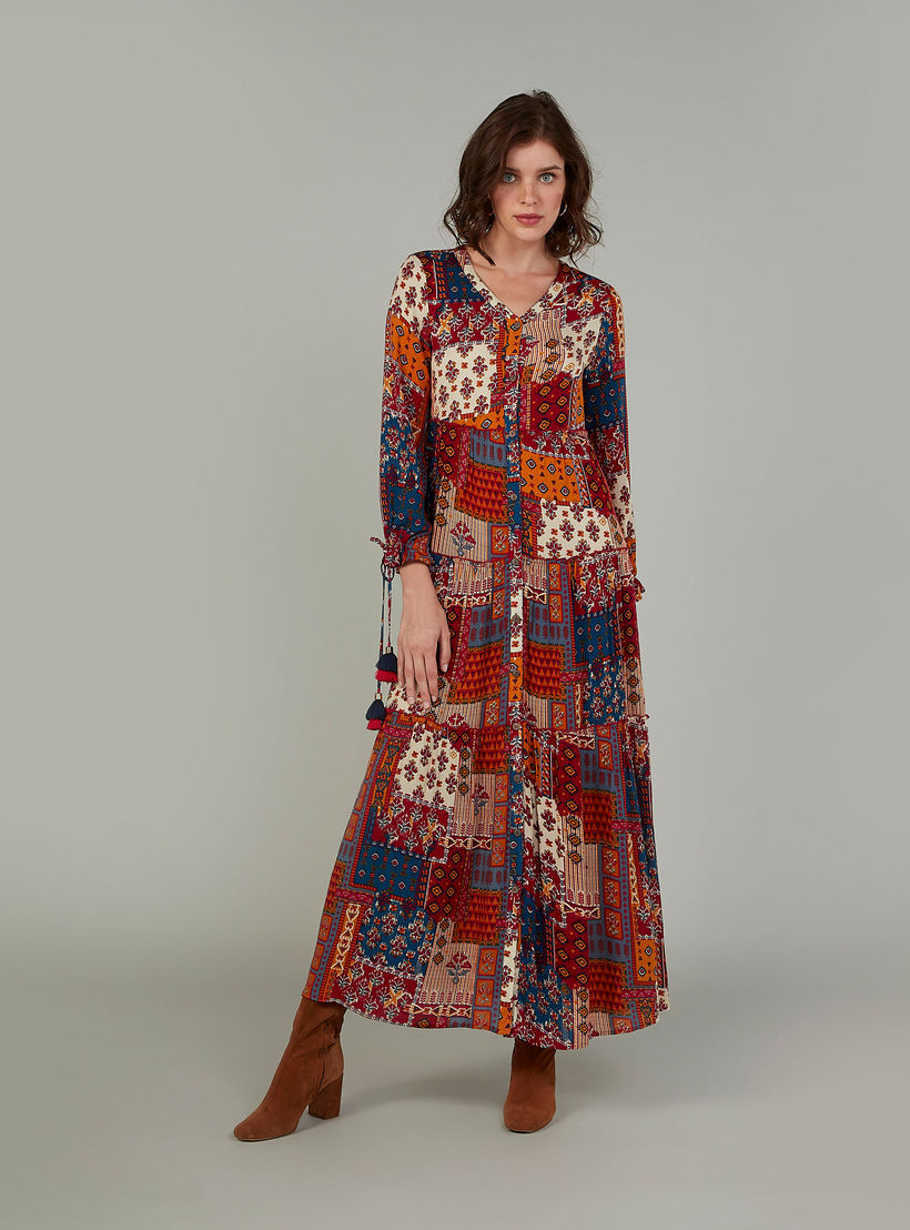فستان مستدام إيه لاين طويل بياقة V وأكمام طويلة بطبعات -women-clothing-dresses-image-1
