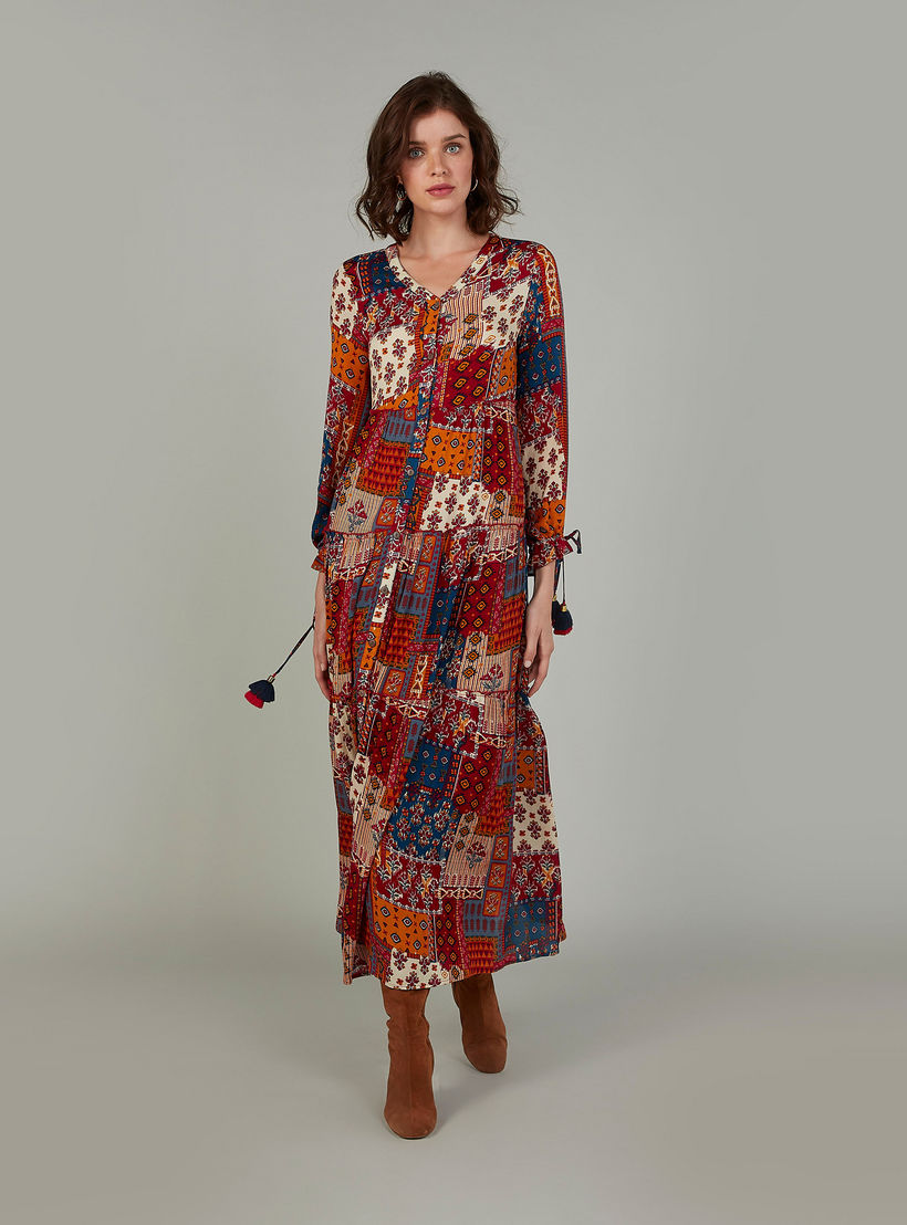 فستان مستدام إيه لاين طويل بياقة V وأكمام طويلة بطبعات -women-clothing-dresses-image-2