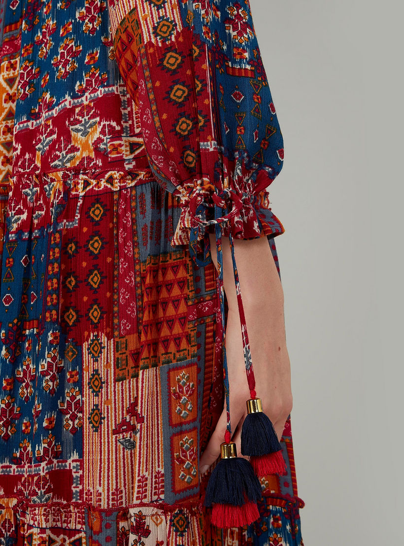 فستان مستدام إيه لاين طويل بياقة V وأكمام طويلة بطبعات -women-clothing-dresses-image-3