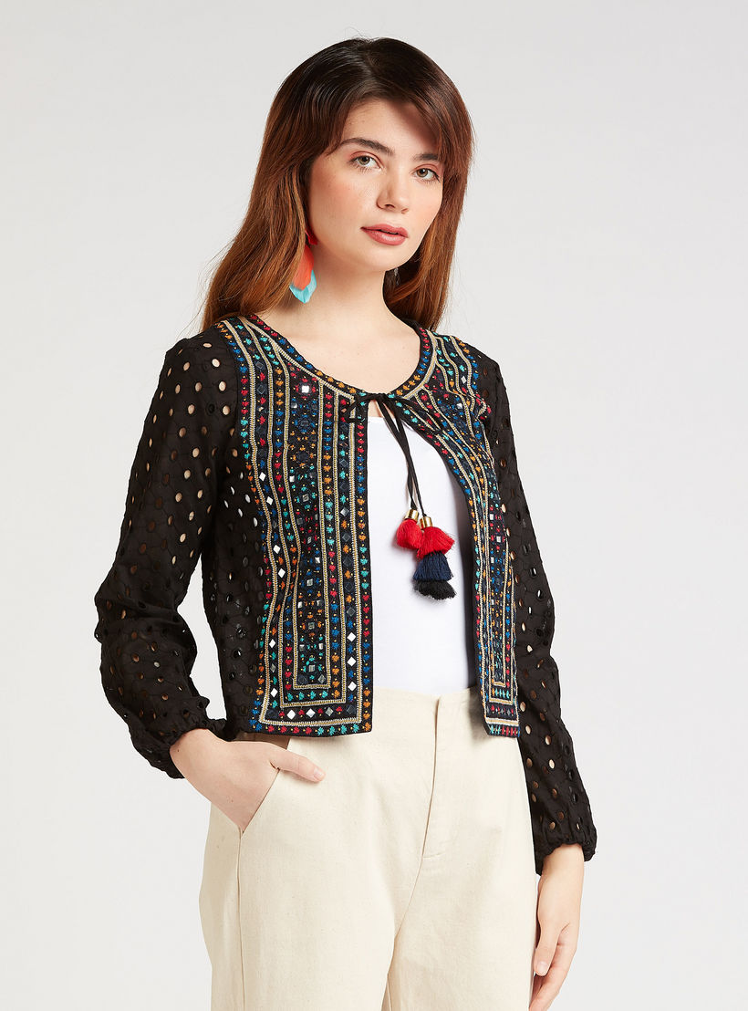 جاكيت مطرّز سليم بأكمام طويلة وأربطة-women-winterwear-coatsandjackets-jackets-image-5
