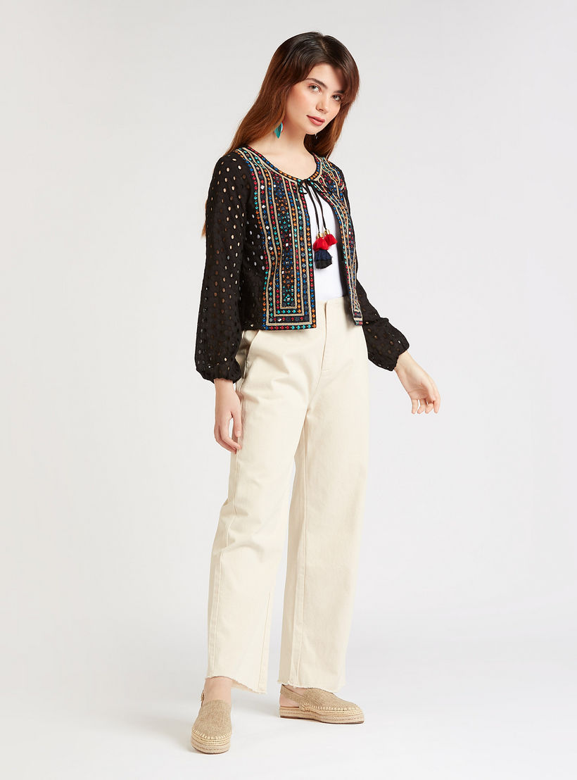 جاكيت مطرّز سليم بأكمام طويلة وأربطة-women-winterwear-coatsandjackets-jackets-image-4