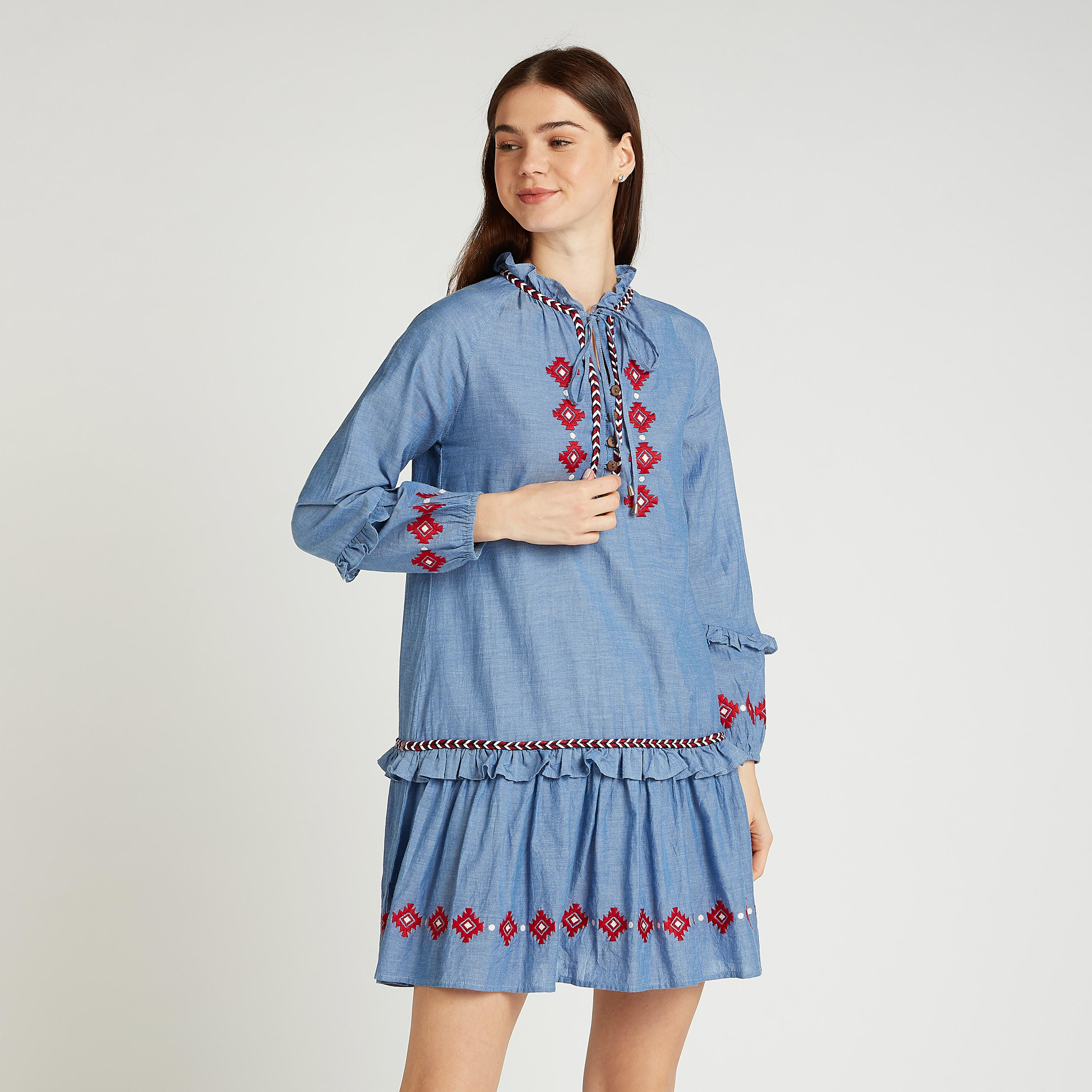 فستان قصير بارز الملمس بأكمام طويلة وأربطة وطبعات-women-clothing-dresses-image-1