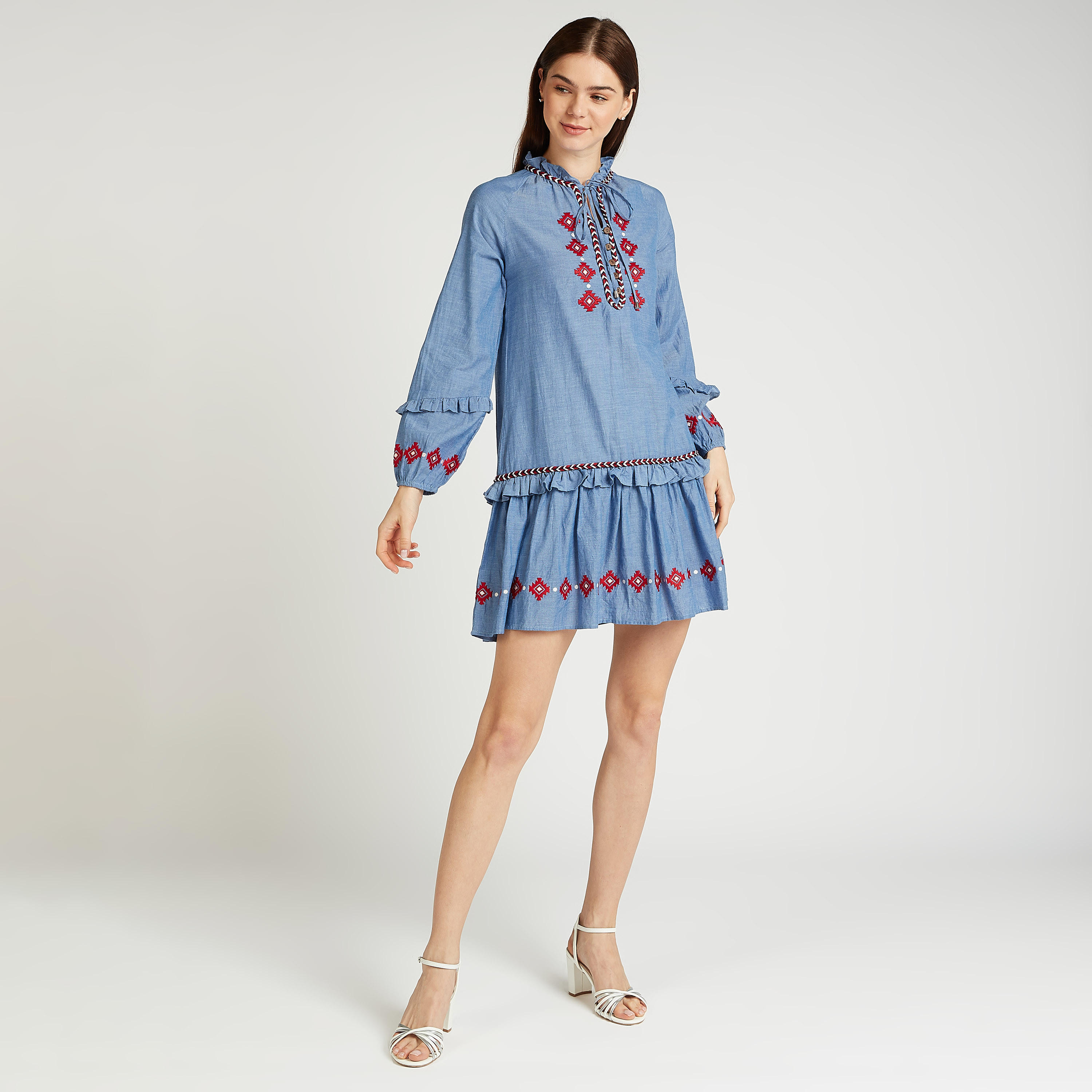 فستان قصير بارز الملمس بأكمام طويلة وأربطة وطبعات-women-clothing-dresses-image-2