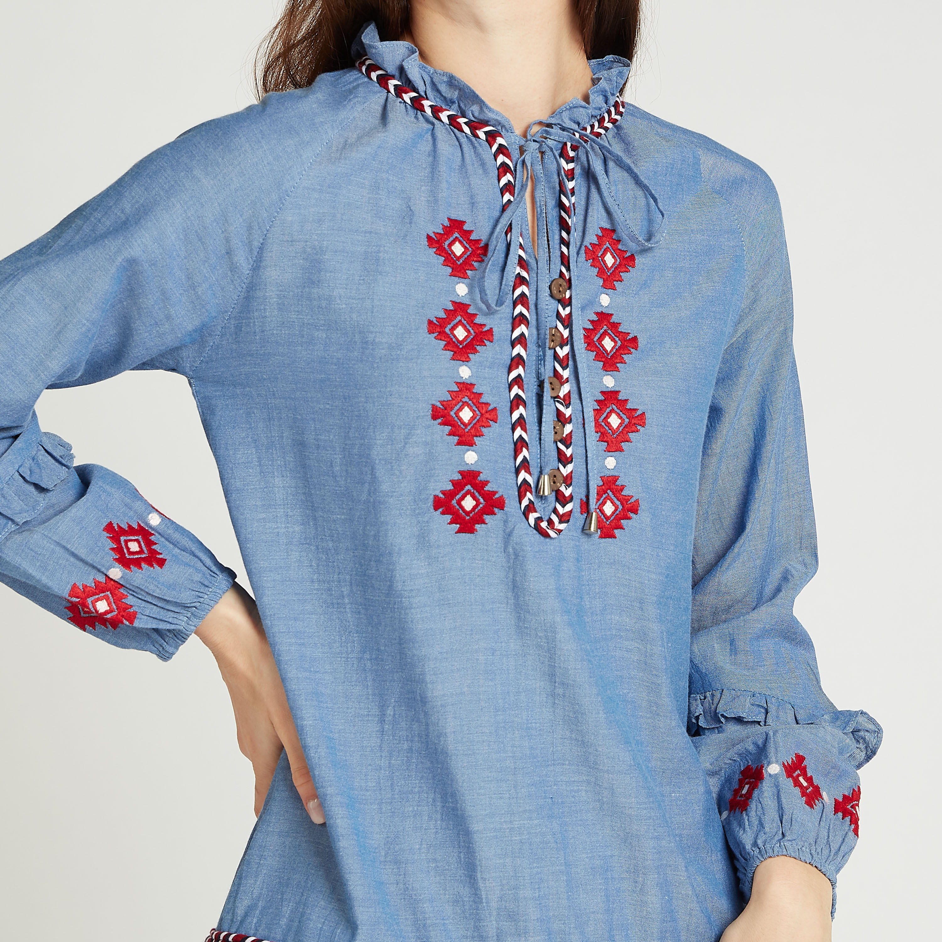 فستان قصير بارز الملمس بأكمام طويلة وأربطة وطبعات-women-clothing-dresses-image-3