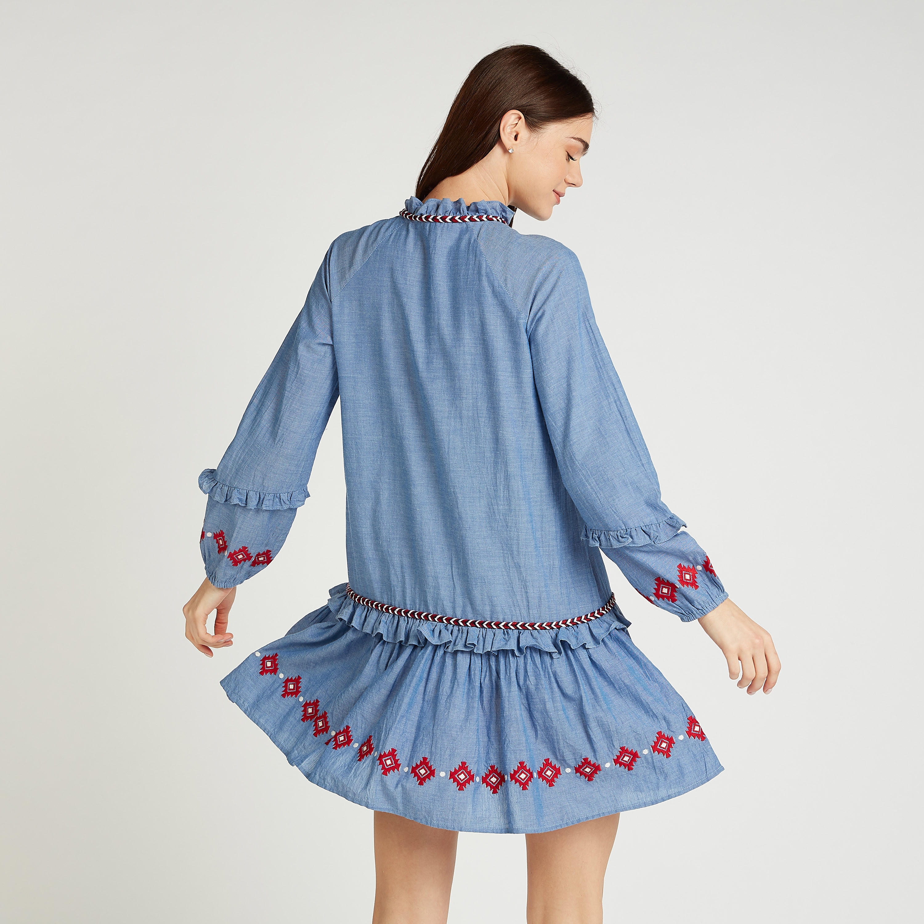 فستان قصير بارز الملمس بأكمام طويلة وأربطة وطبعات-women-clothing-dresses-image-4