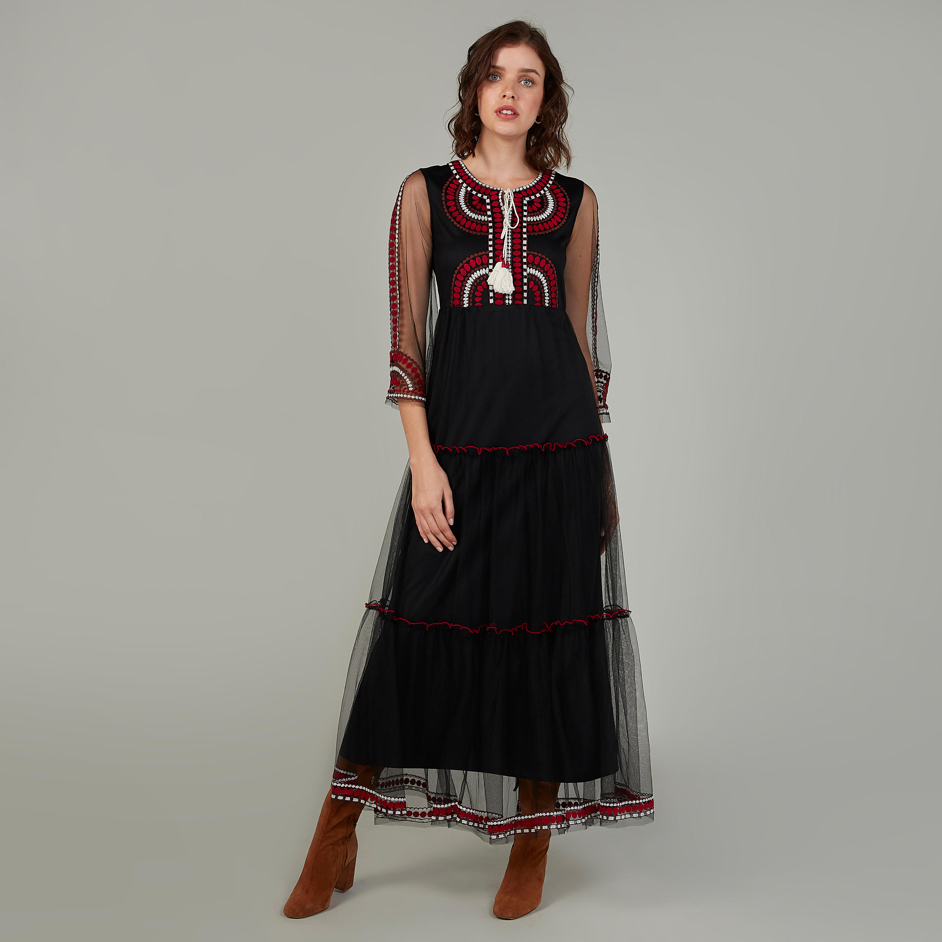 فستان إيه لاين طويل بأكمام 3/4 وأربطة وتفاصيل مطرزة-women-clothing-dresses-image-1