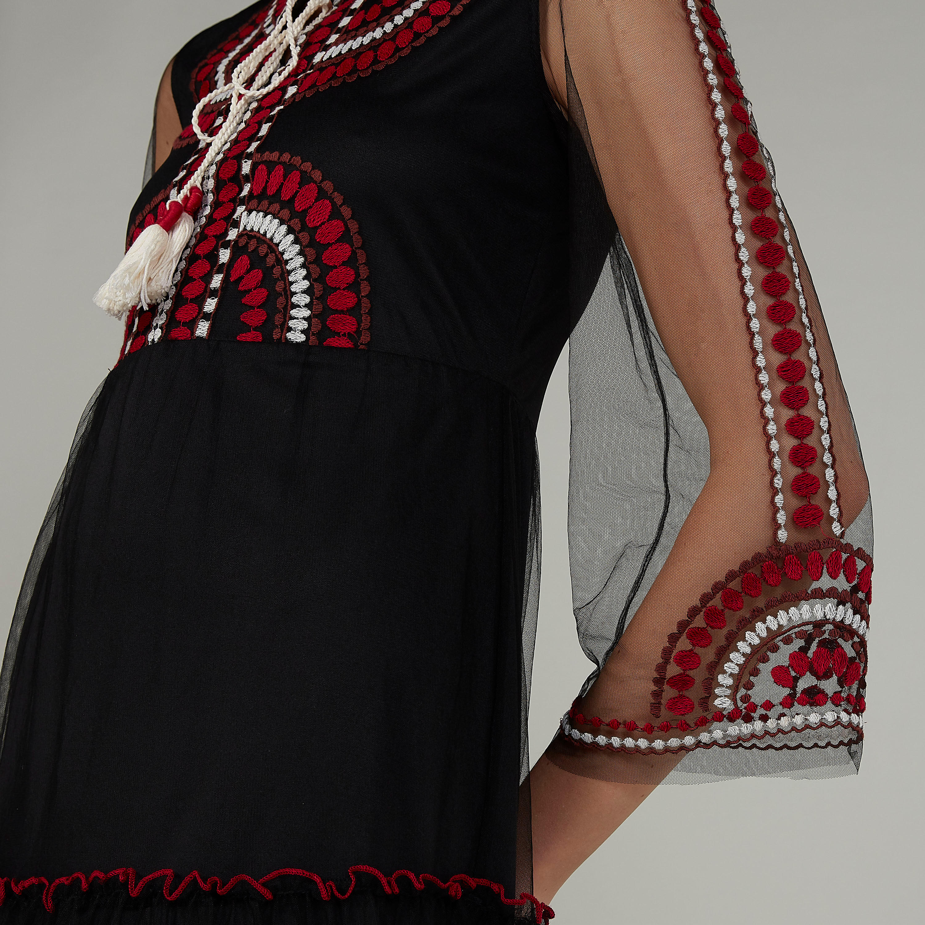 فستان إيه لاين طويل بأكمام 3/4 وأربطة وتفاصيل مطرزة-women-clothing-dresses-image-3