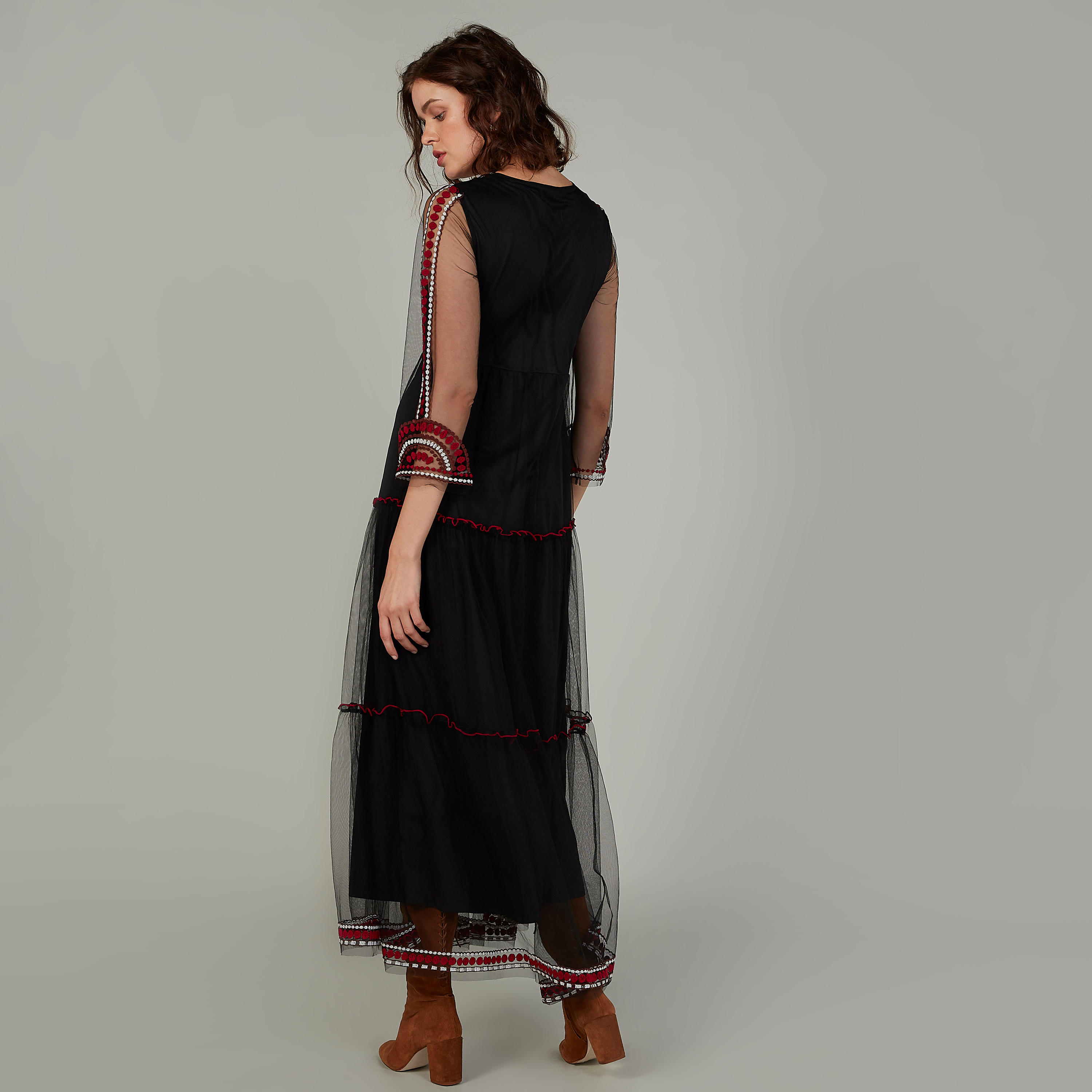 فستان إيه لاين طويل بأكمام 3/4 وأربطة وتفاصيل مطرزة-women-clothing-dresses-image-4