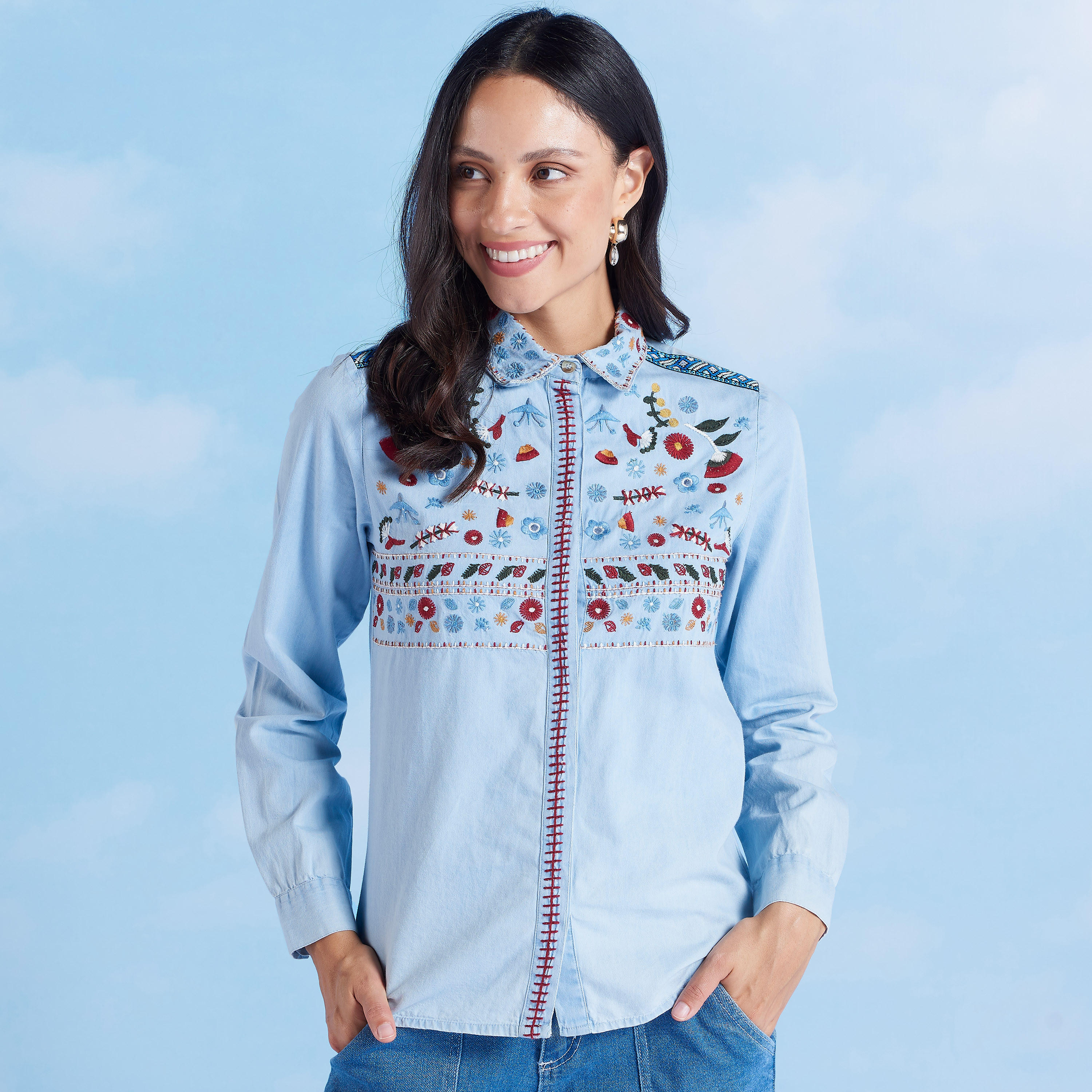 Embroidered Denim Jacket with Long Sleeves and Spread Collar-women-winterwear-coatsandjackets-jackets-image-1