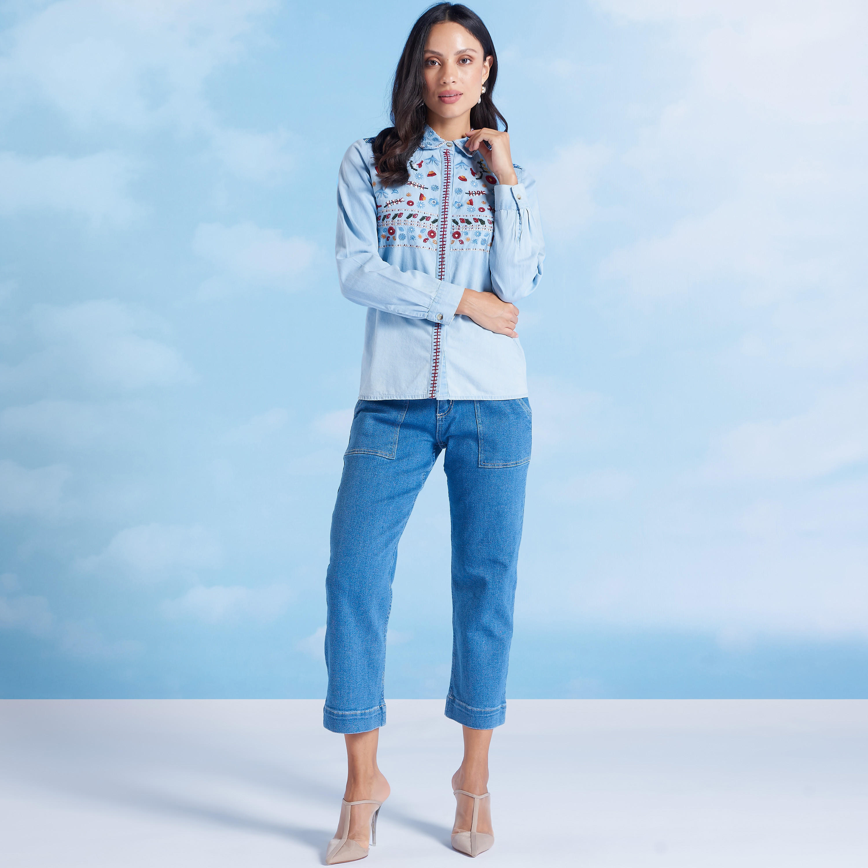 Embroidered Denim Jacket with Long Sleeves and Spread Collar-women-winterwear-coatsandjackets-jackets-image-2