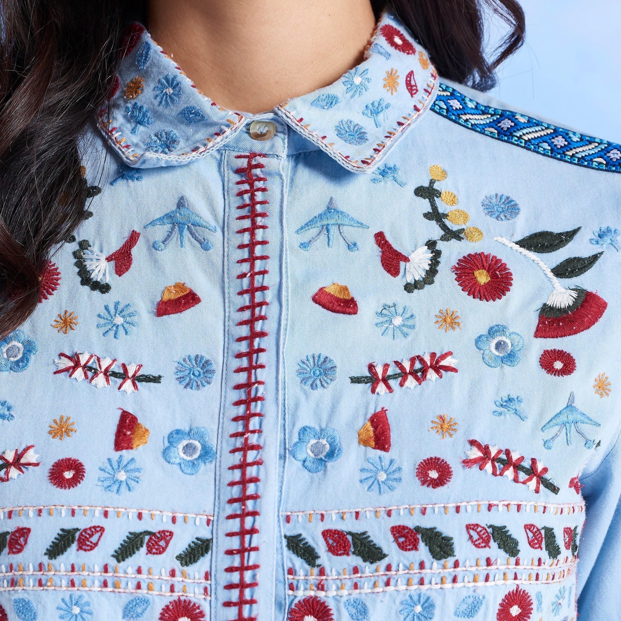 Embroidered Denim Jacket with Long Sleeves and Spread Collar-women-winterwear-coatsandjackets-jackets-image-3