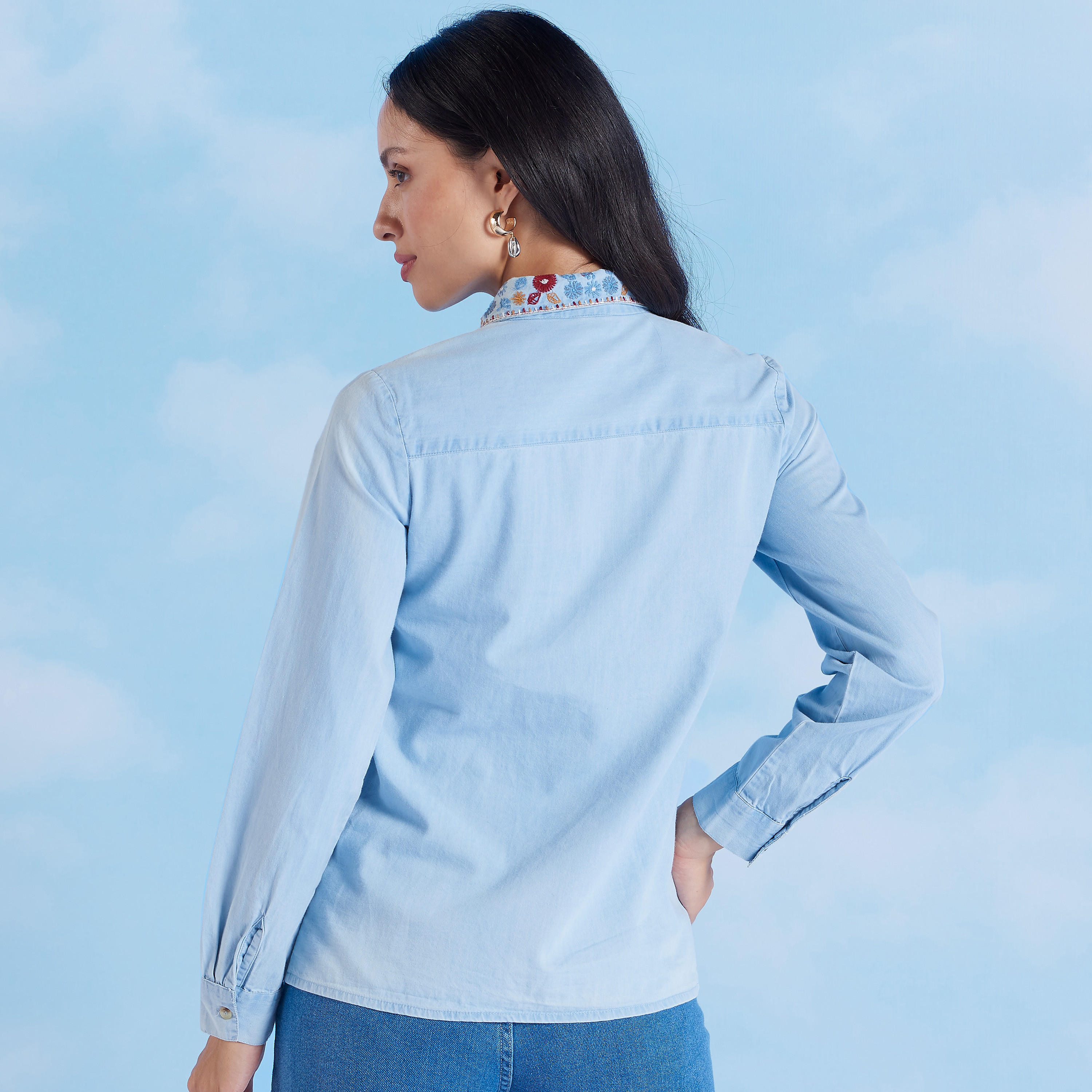 Embroidered Denim Jacket with Long Sleeves and Spread Collar-women-winterwear-coatsandjackets-jackets-image-4