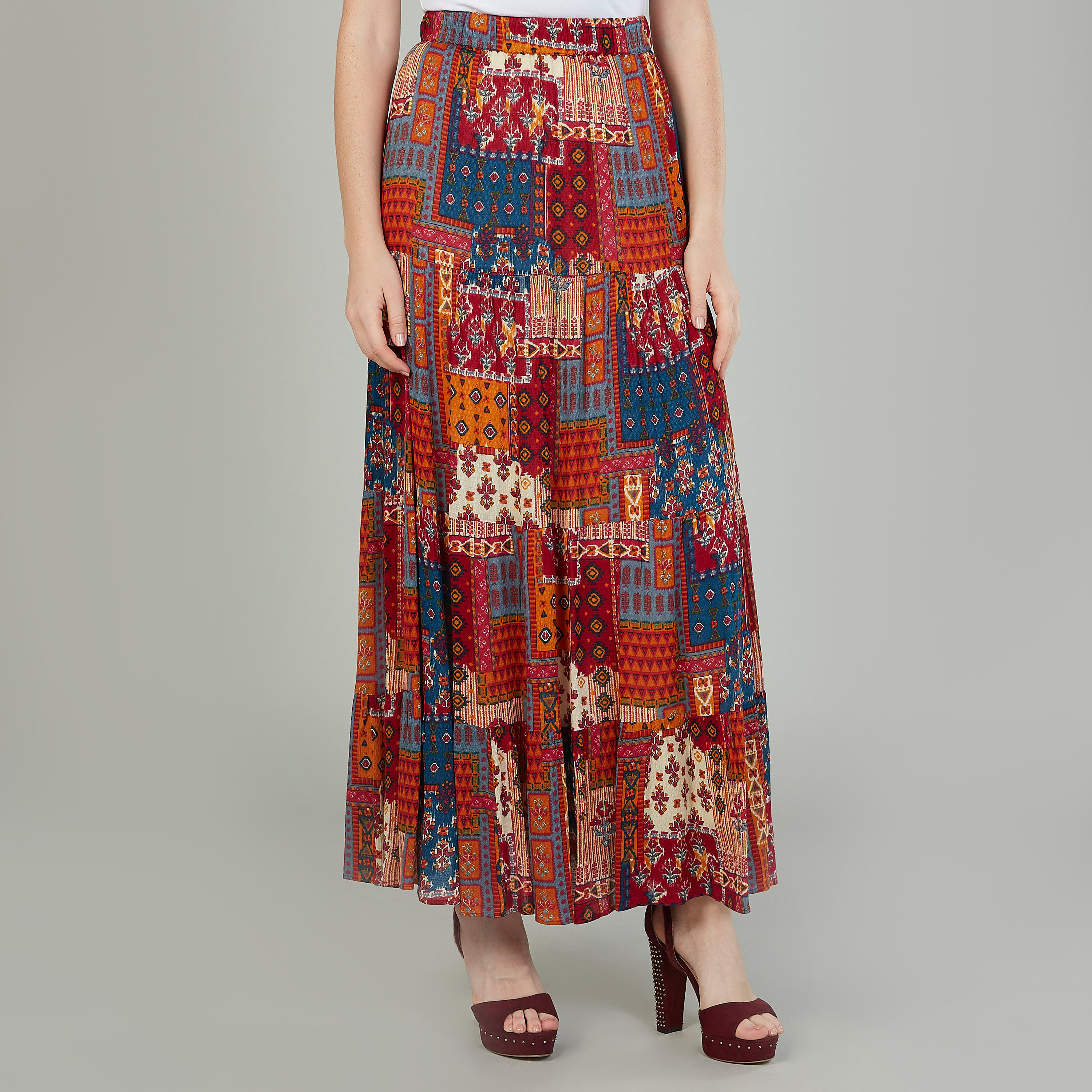 تنورة مستدامة ماكسي إيه لاين بخصر مطّاطي وطبعات-women-clothing-bottoms-skirts-image-1
