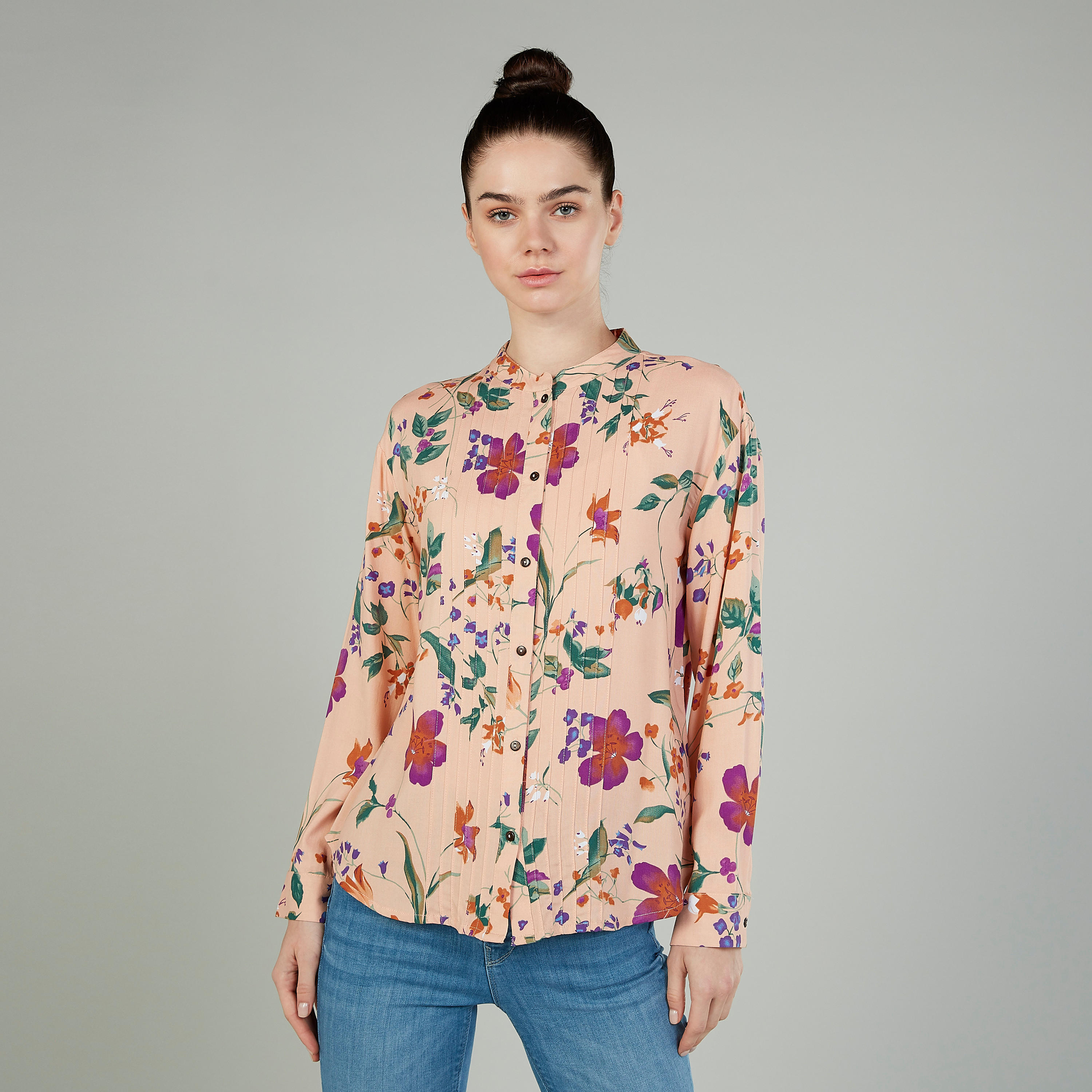 Sustainable Printed Shirt with Mandarin Collar and Long Sleeves-women-clothing-shirtsandblouses-shirts-image-1