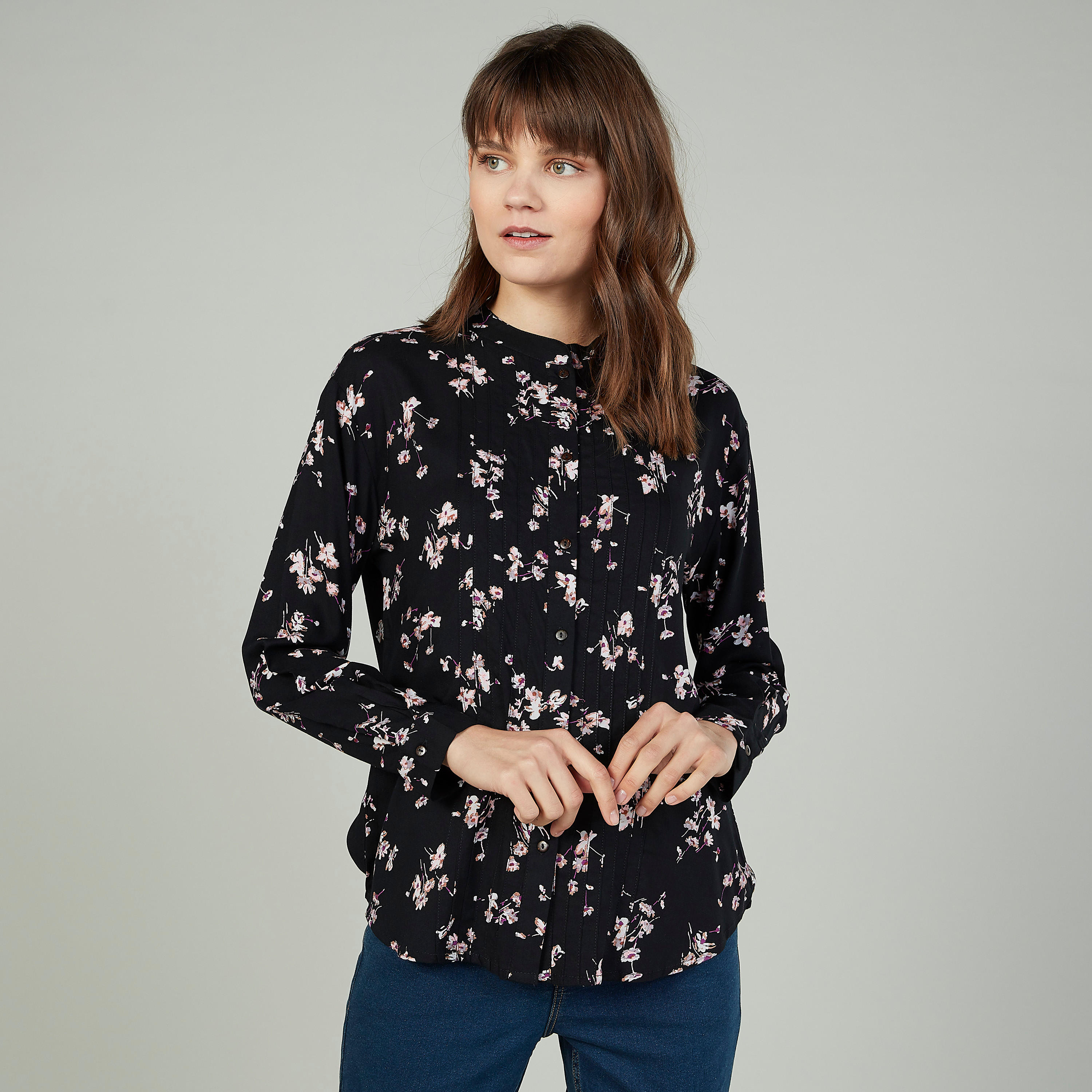 قميص مستدام بياقة ماندارين وأكمام طويلة وطبعات -women-clothing-shirtsandblouses-shirts-image-1