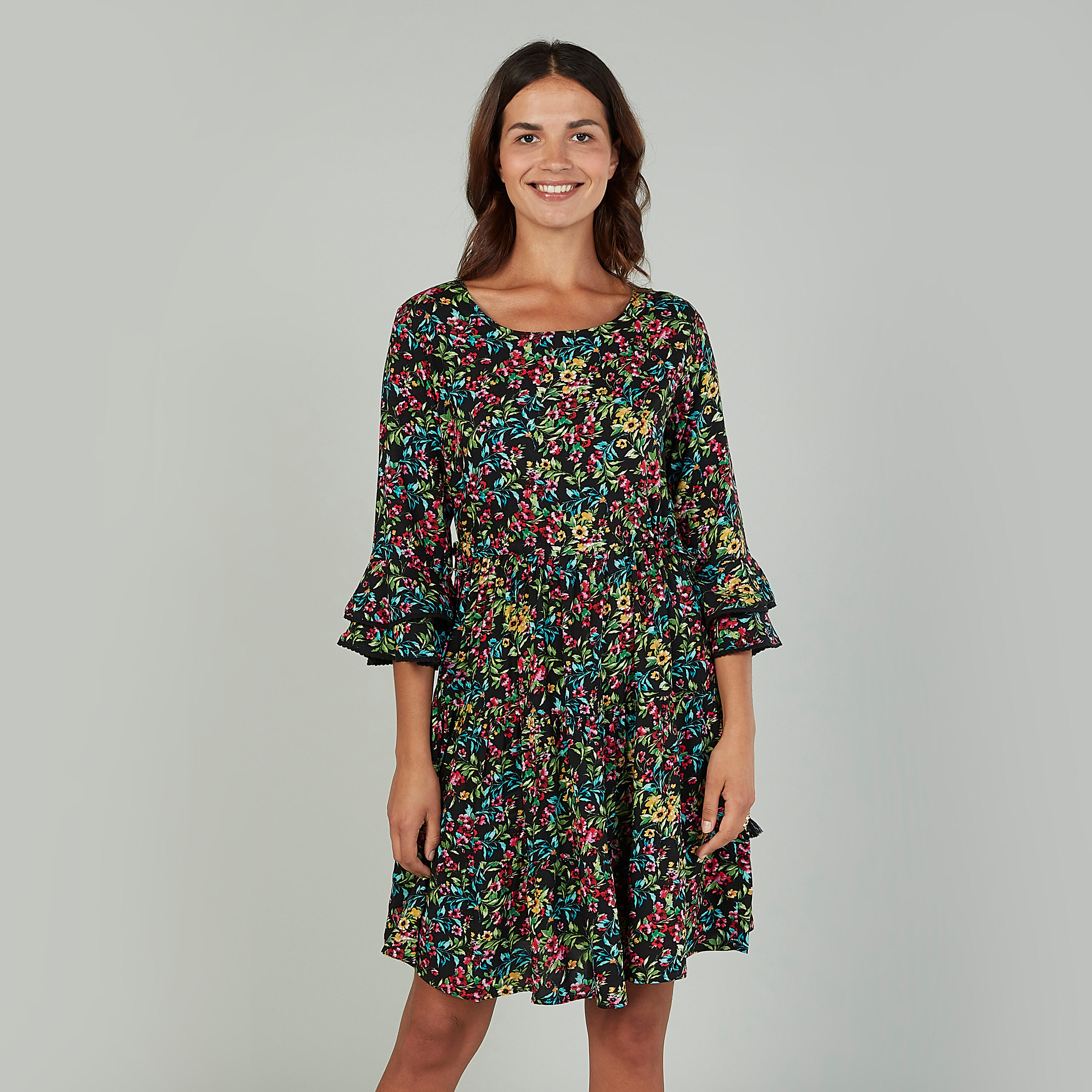 فستان ميدي مستدام إيه لاين بكشكش وطبعات -women-clothing-dresses-image-1