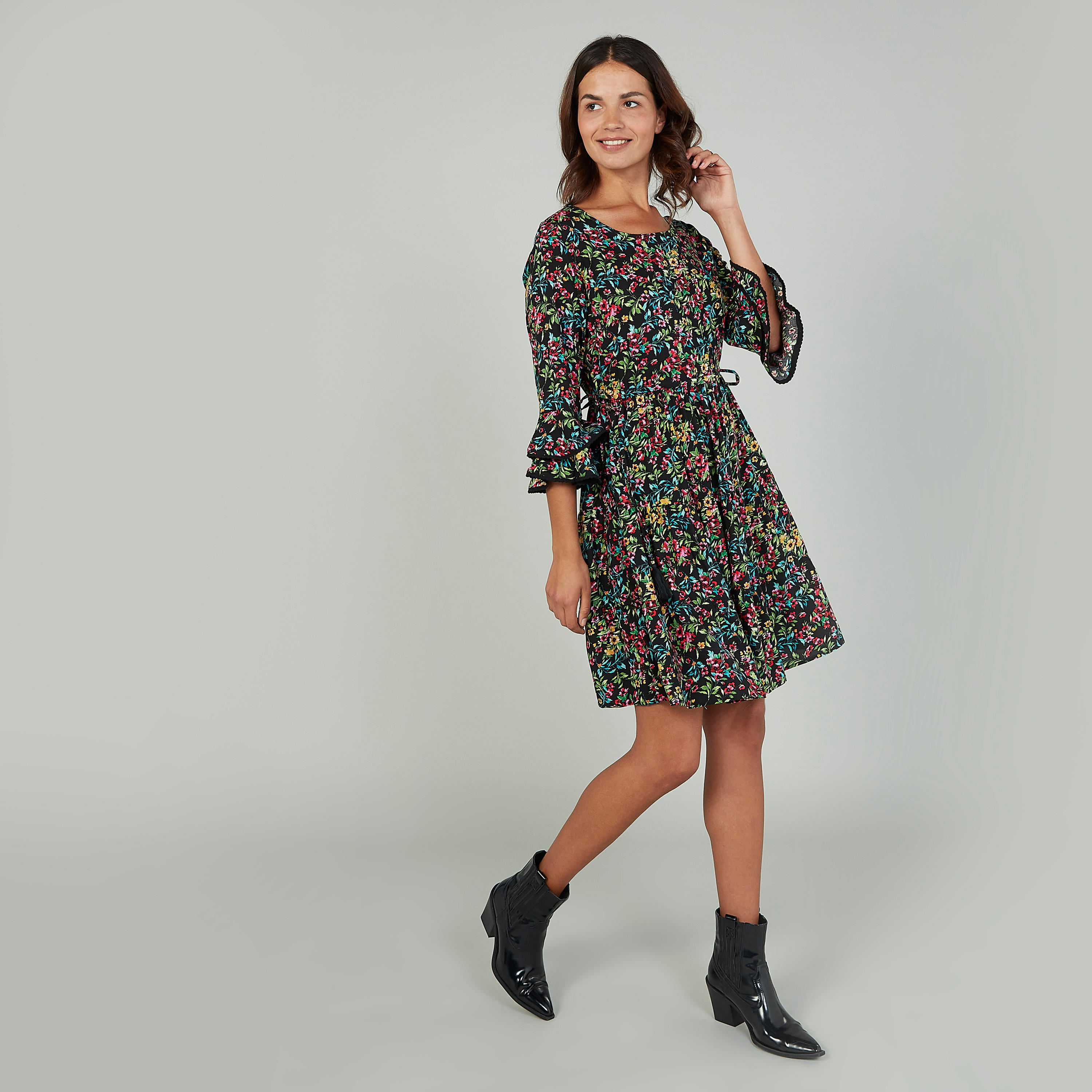 فستان ميدي مستدام إيه لاين بكشكش وطبعات -women-clothing-dresses-image-2
