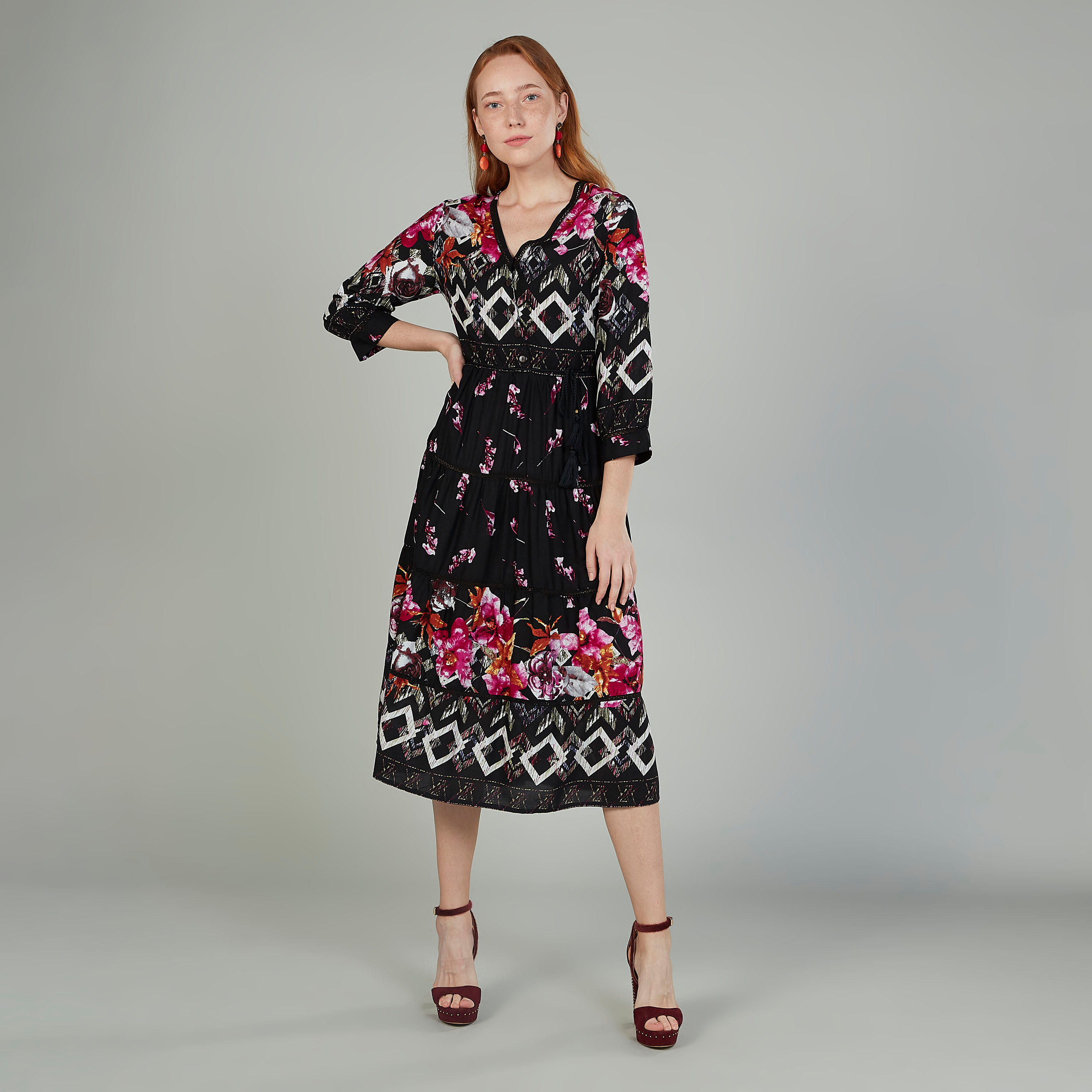 فستان ميدي مستدام بأكمام 3/4 وياقة V وطبعات-women-clothing-dresses-image-1