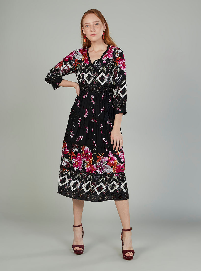 فستان ميدي مستدام بأكمام 3/4 وياقة V وطبعات-women-clothing-dresses-image-1