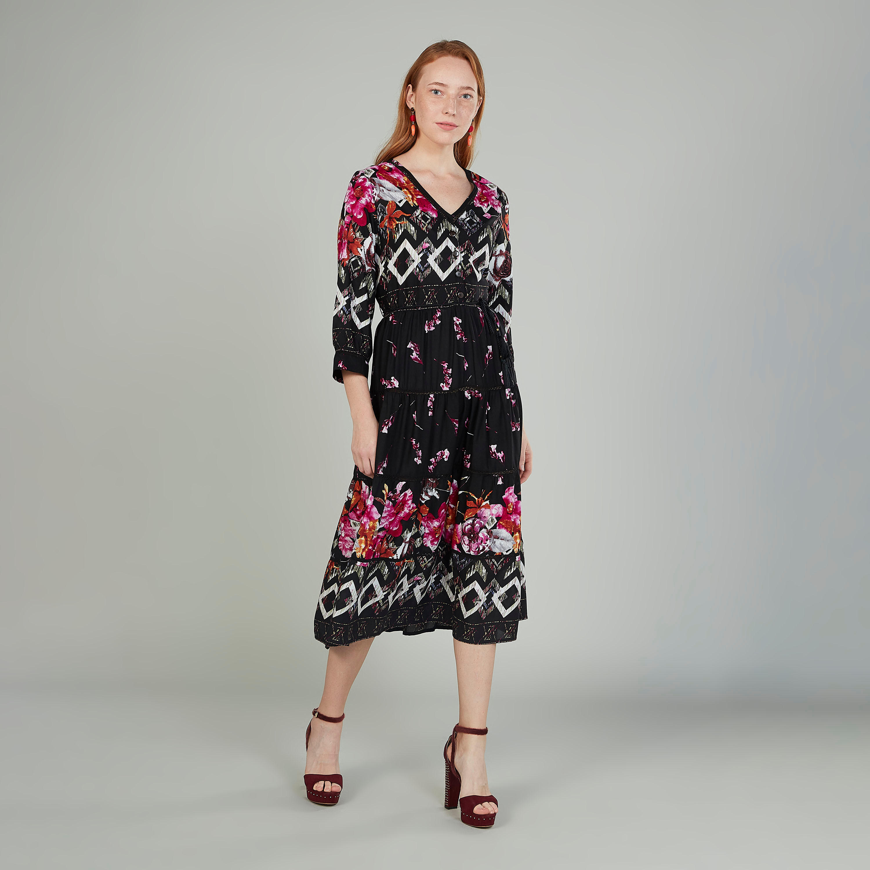 فستان ميدي مستدام بأكمام 3/4 وياقة V وطبعات-women-clothing-dresses-image-2