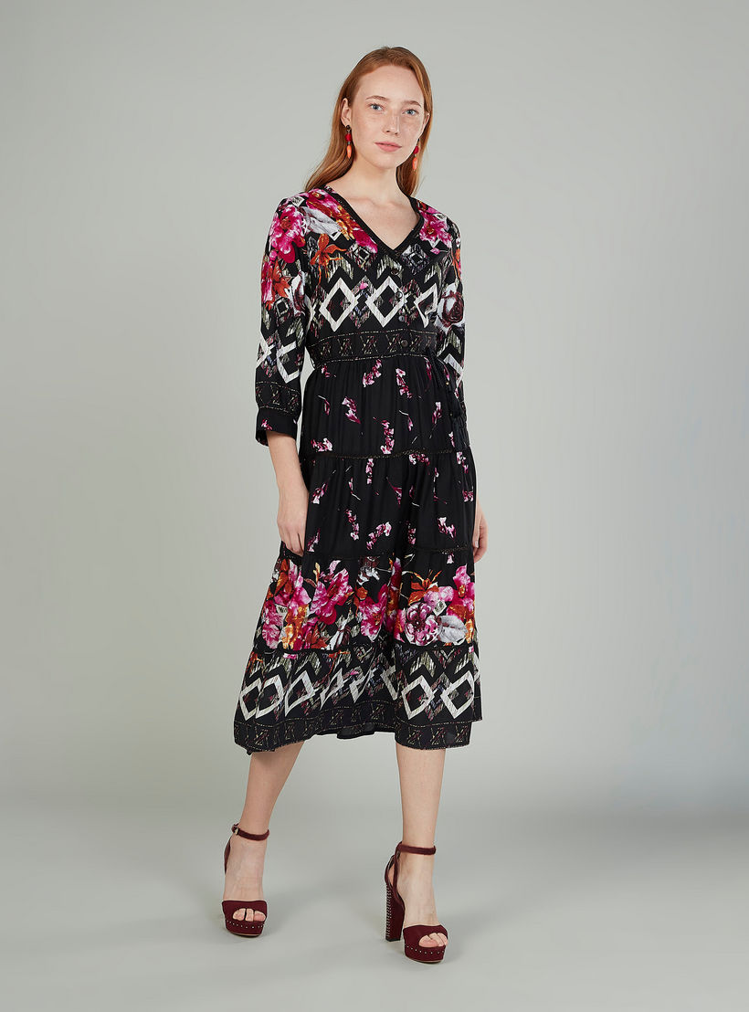 فستان ميدي مستدام بأكمام 3/4 وياقة V وطبعات-women-clothing-dresses-image-2