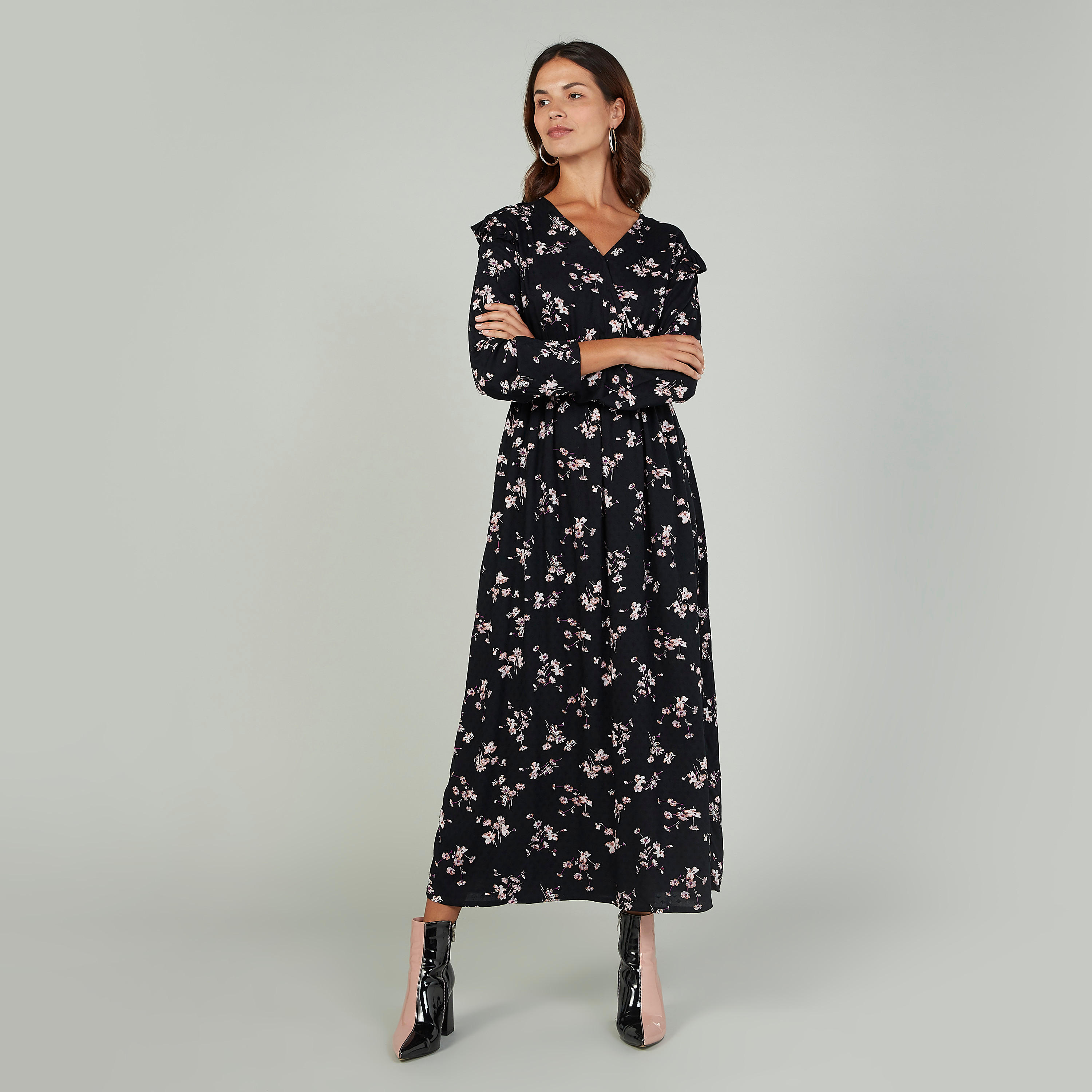 فستان إيه لاين مستدام طويل بياقة V وأكمام طويلة بطبعات زهرية -women-clothing-dresses-image-2