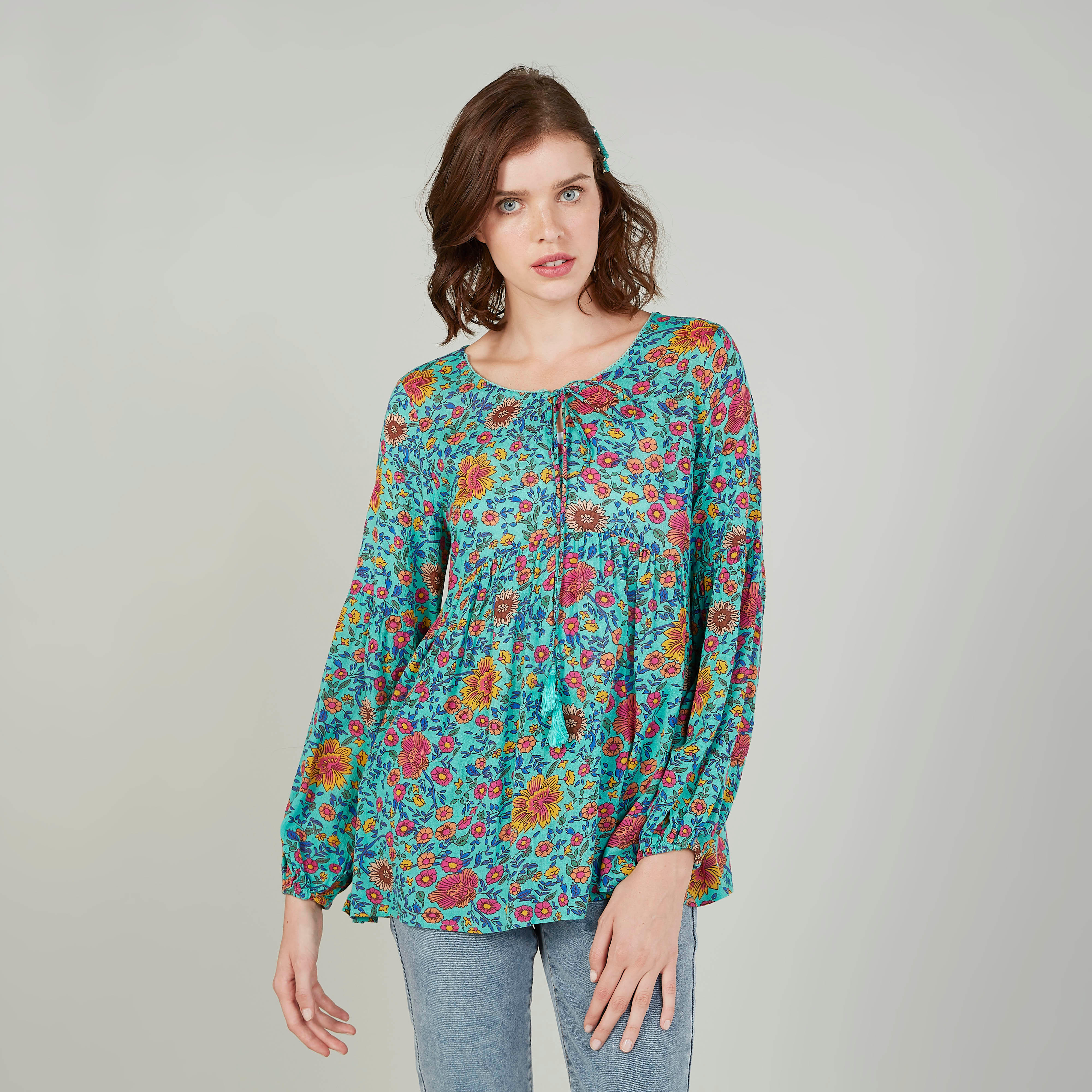 Sustainable Floral Top with Round Neck and Tie Ups-women-clothing-shirtsandblouses-blouses-image-1
