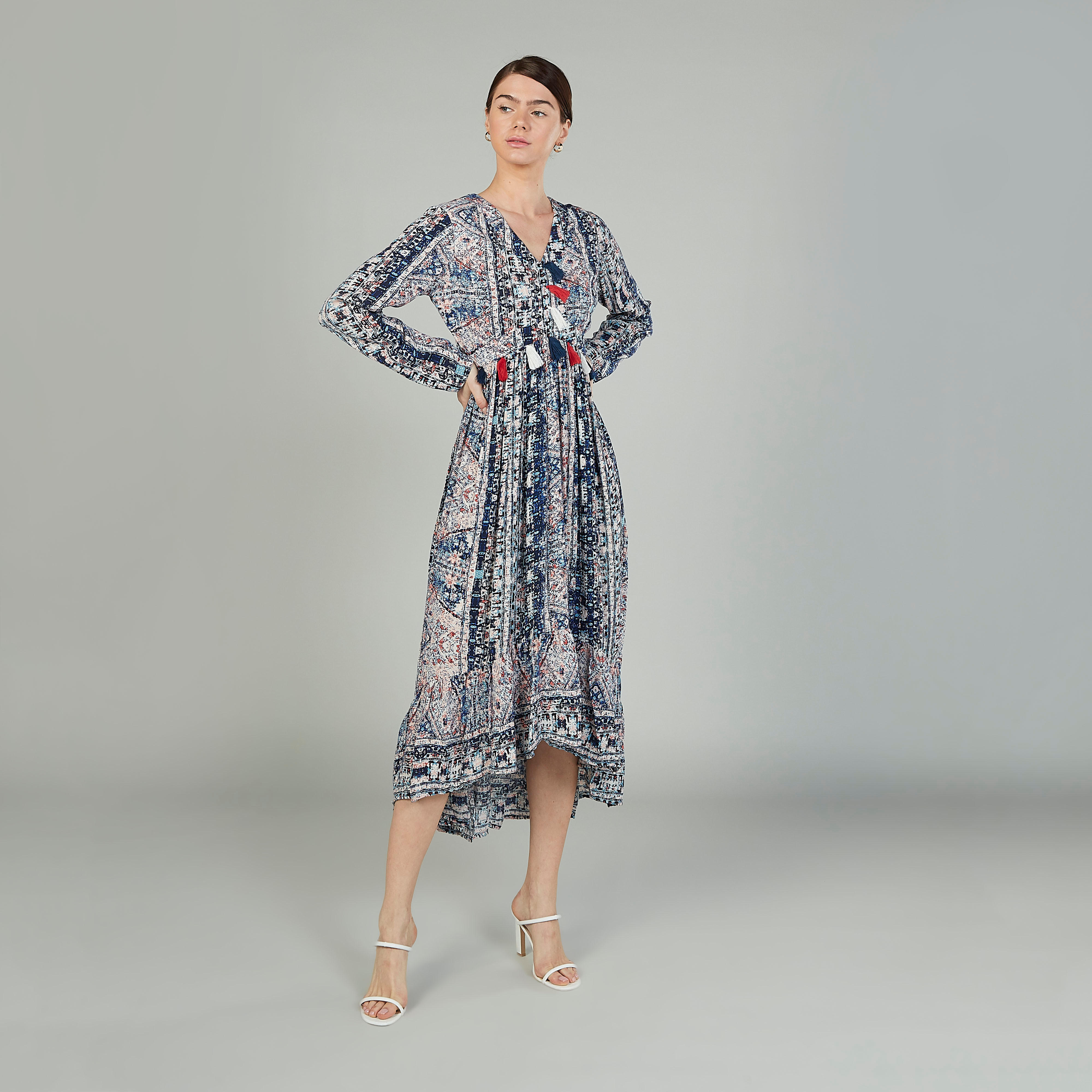 فستان مستدام ميدي ايه لاين بأكمام طويلة وطبعات -women-clothing-dresses-image-1