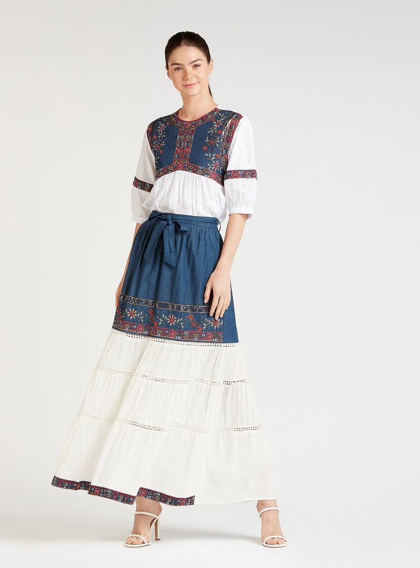 تنورة إيه لاين طويلة بقوالب ملوّنة وخصر مطّاطي وأربطة-women-clothing-bottoms-skirts-image-2
