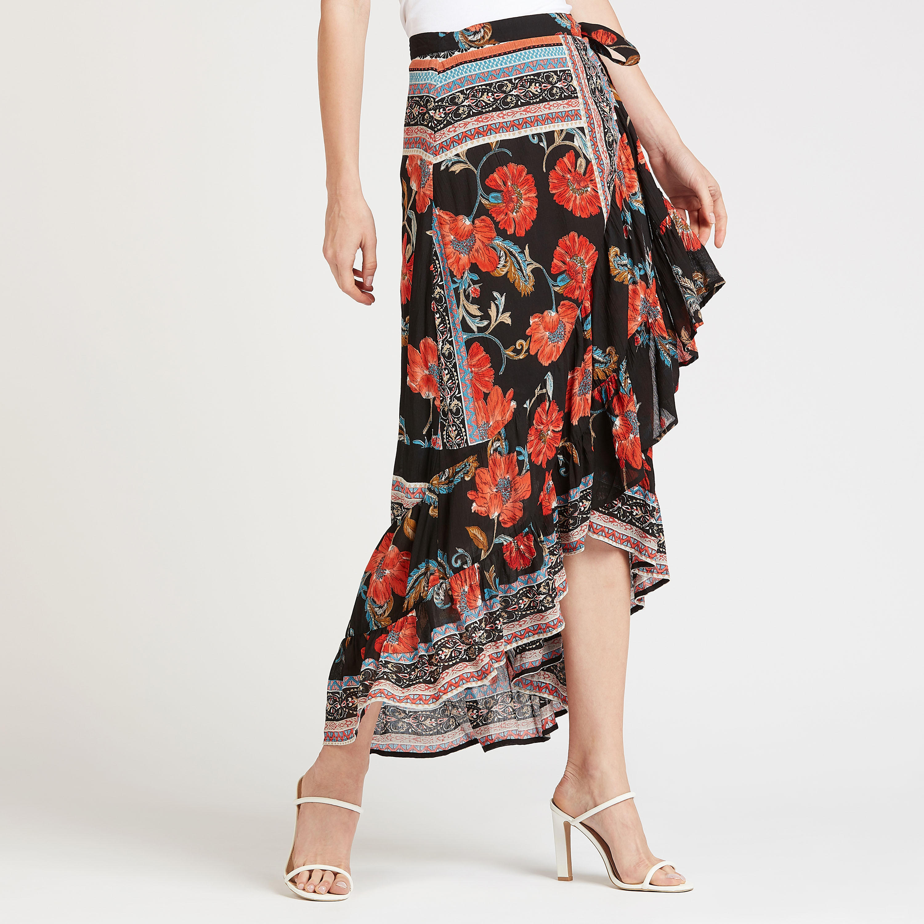Printed Midi A-line Skirt with Tie Ups and Asymmetric Hem-women-clothing-bottoms-skirts-image-1