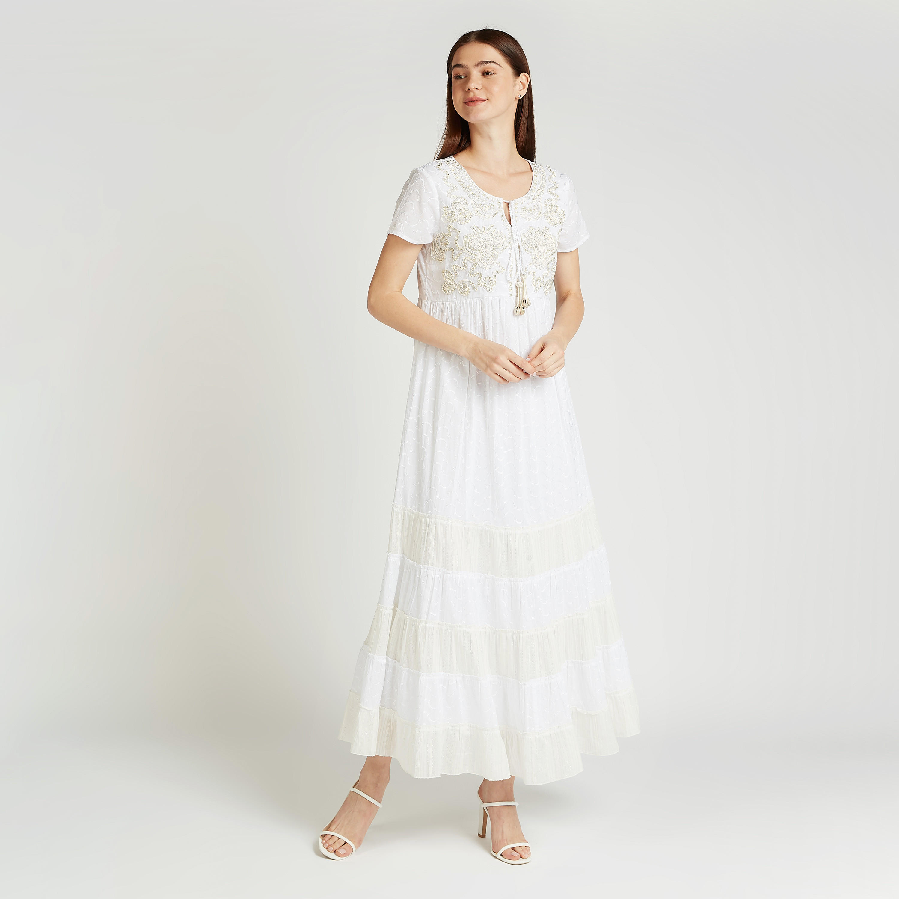 فستان إيه لاين طويل بارز الملمس بأكمام قصيرة وأربطة وطبعات-women-clothing-dresses-image-1